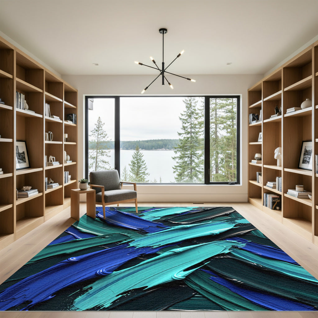 Modern Abstract Teal and Blue Brushstrokes Rug