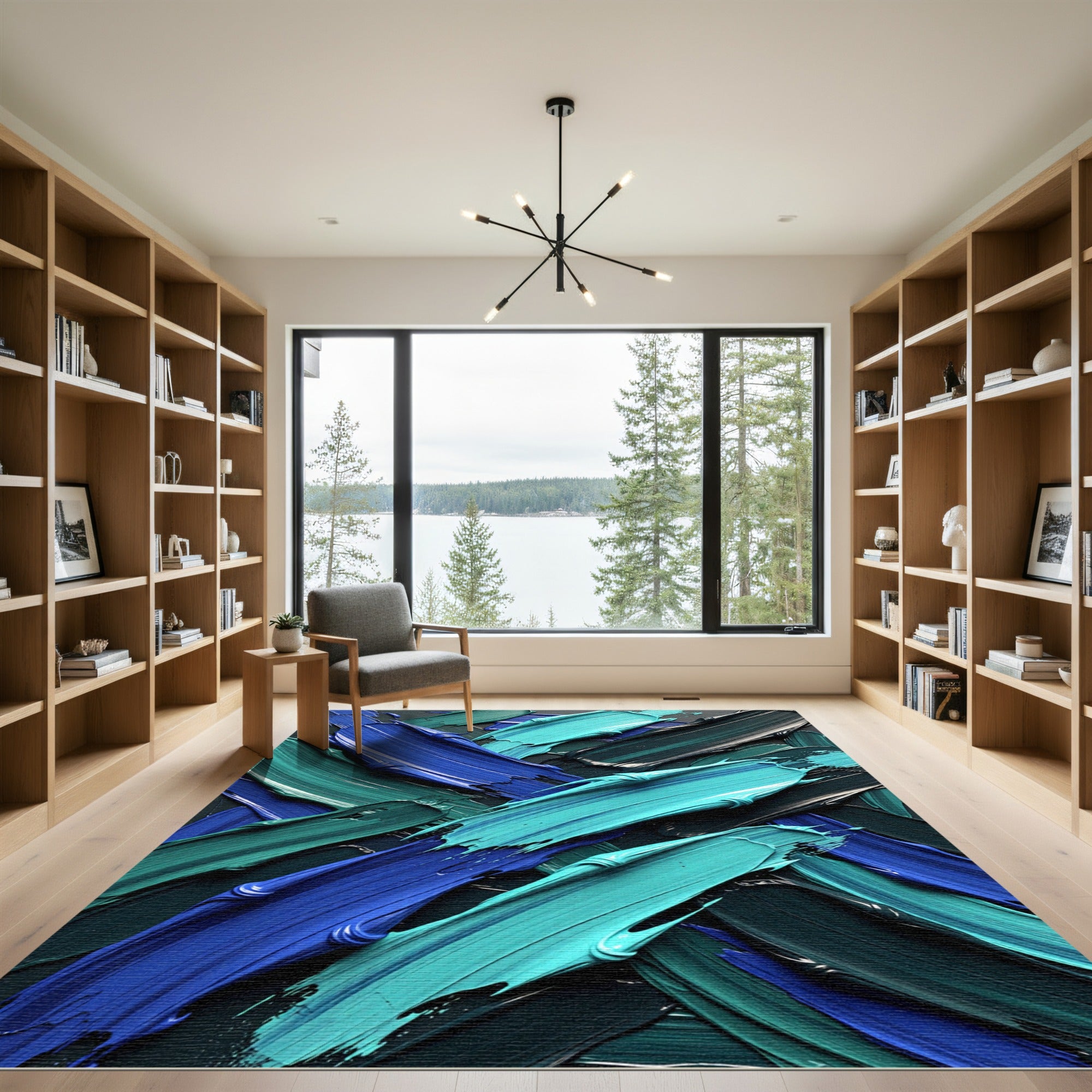 Modern Abstract Teal and Blue Brushstrokes Rug