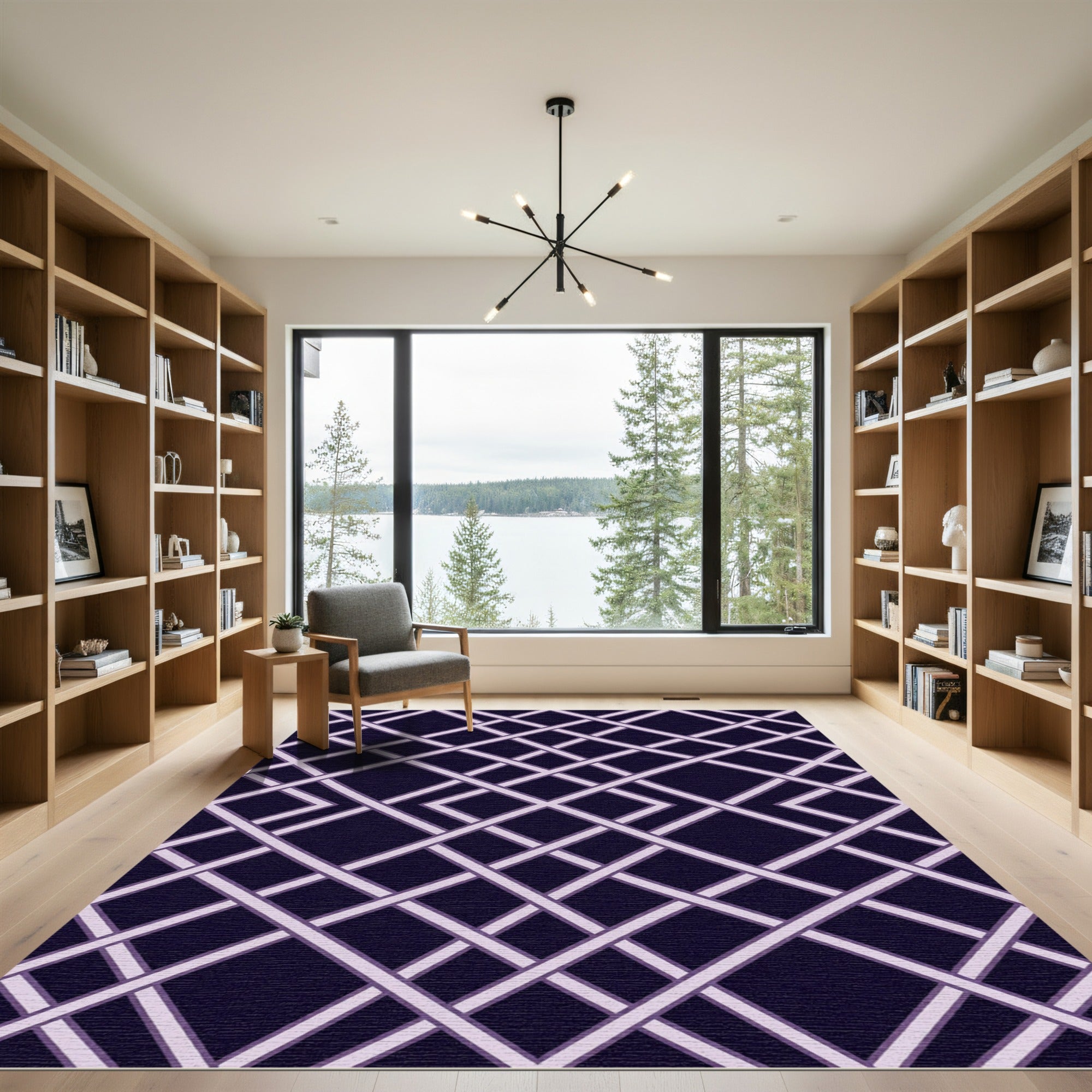 Sophisticated Dark Purple Geometric Lattice Rug