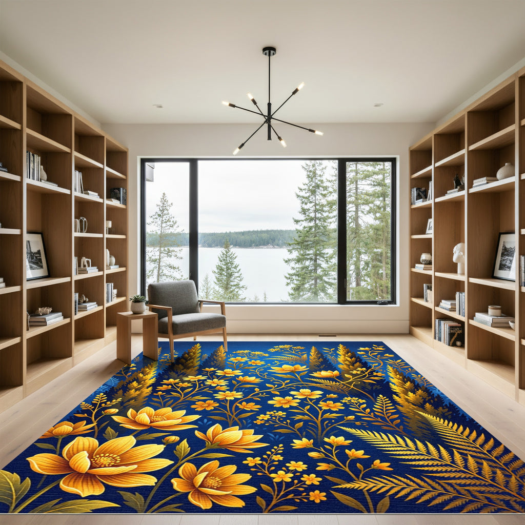Golden Floral Meadow on Deep Blue Rug