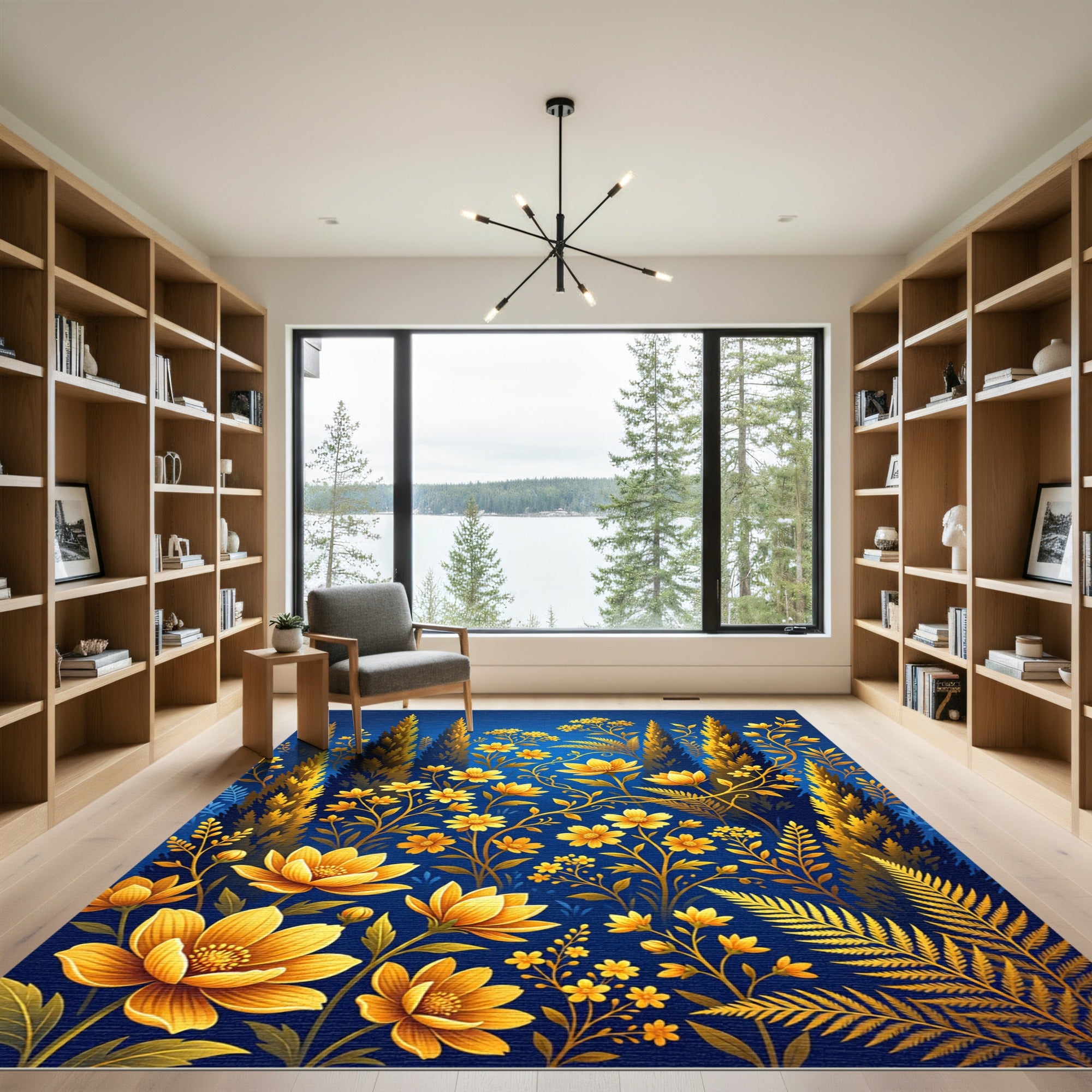 Golden Floral Meadow on Deep Blue Rug