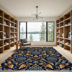 Elegant Navy Gold Ornate Floral Damask Rug