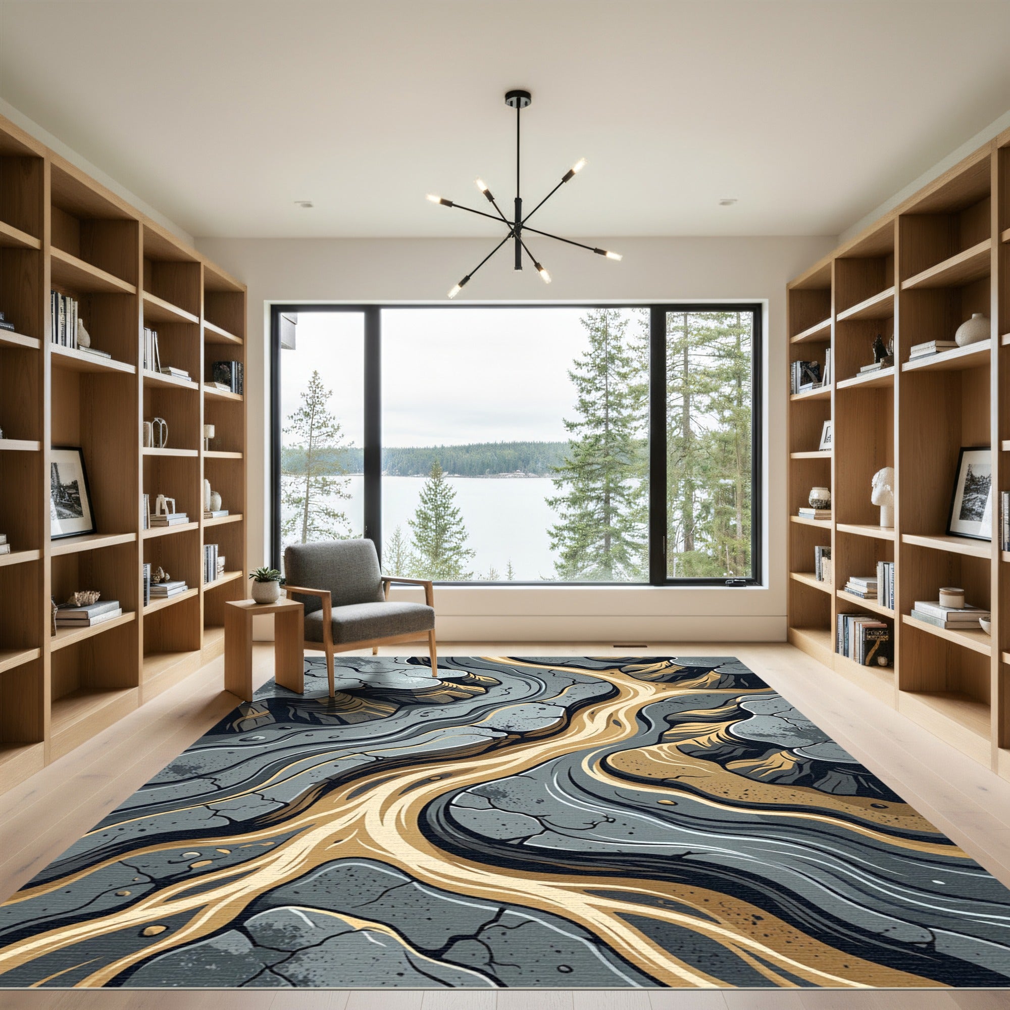 Golden Flowing River Stone Abstract Rug
