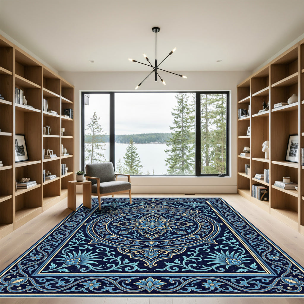 Deep Blue Floral Medallion Rectangle Rug