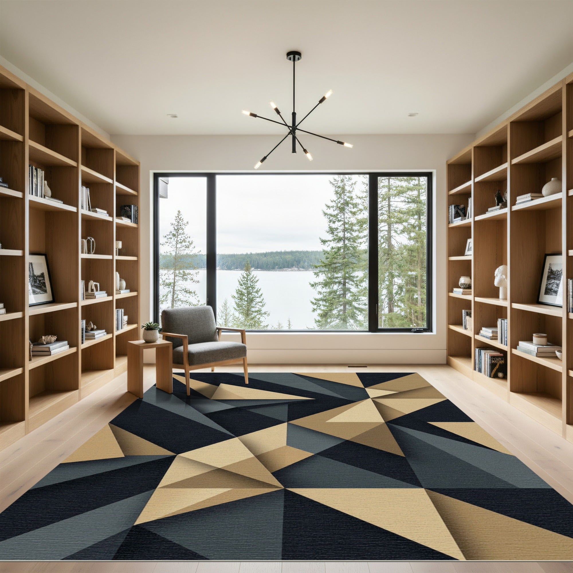 Modern Geometric Charcoal and Gold Abstract Rug