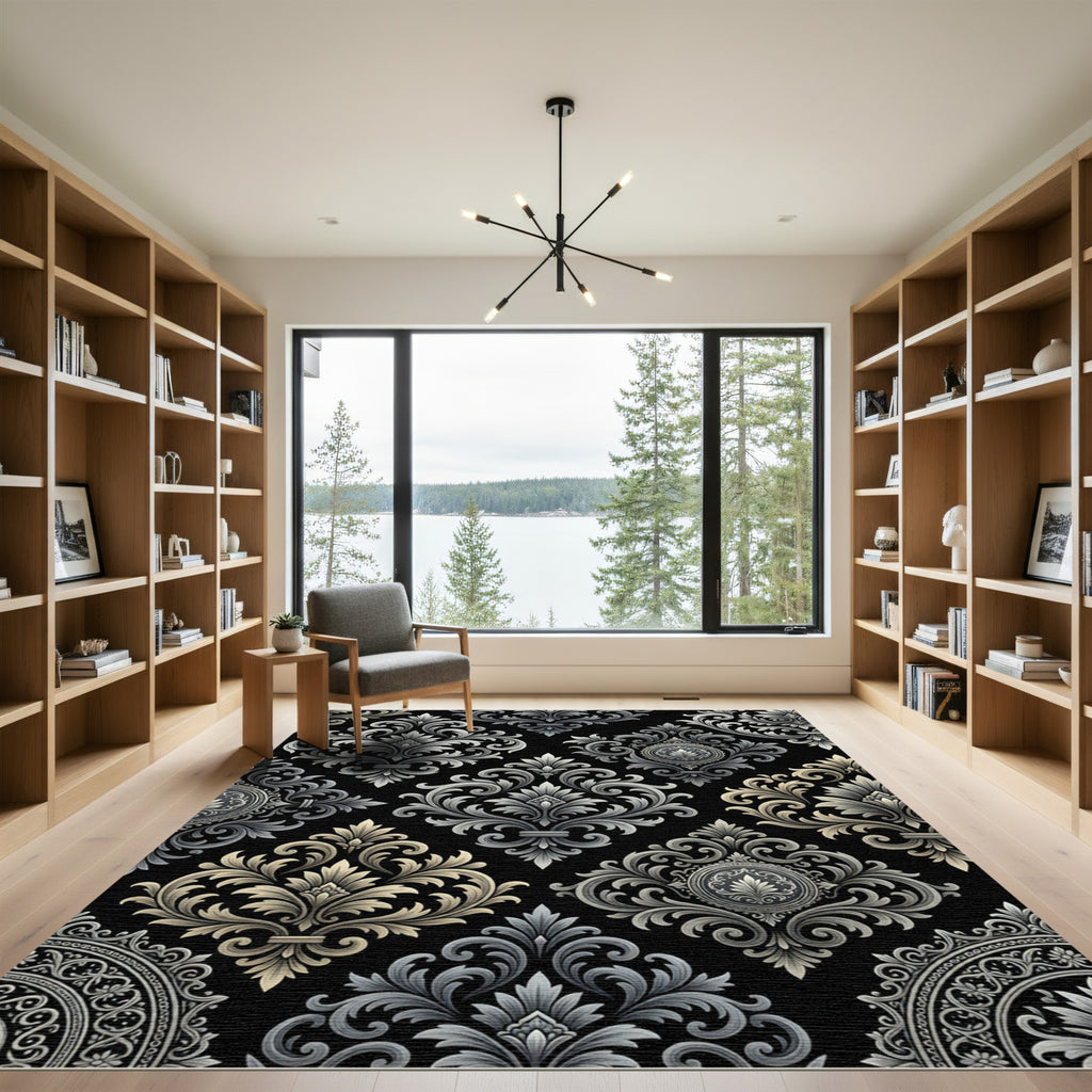 Ornate Gray Gold Accents Damask Rug