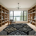 Ornate Gray Gold Accents Damask Rug
