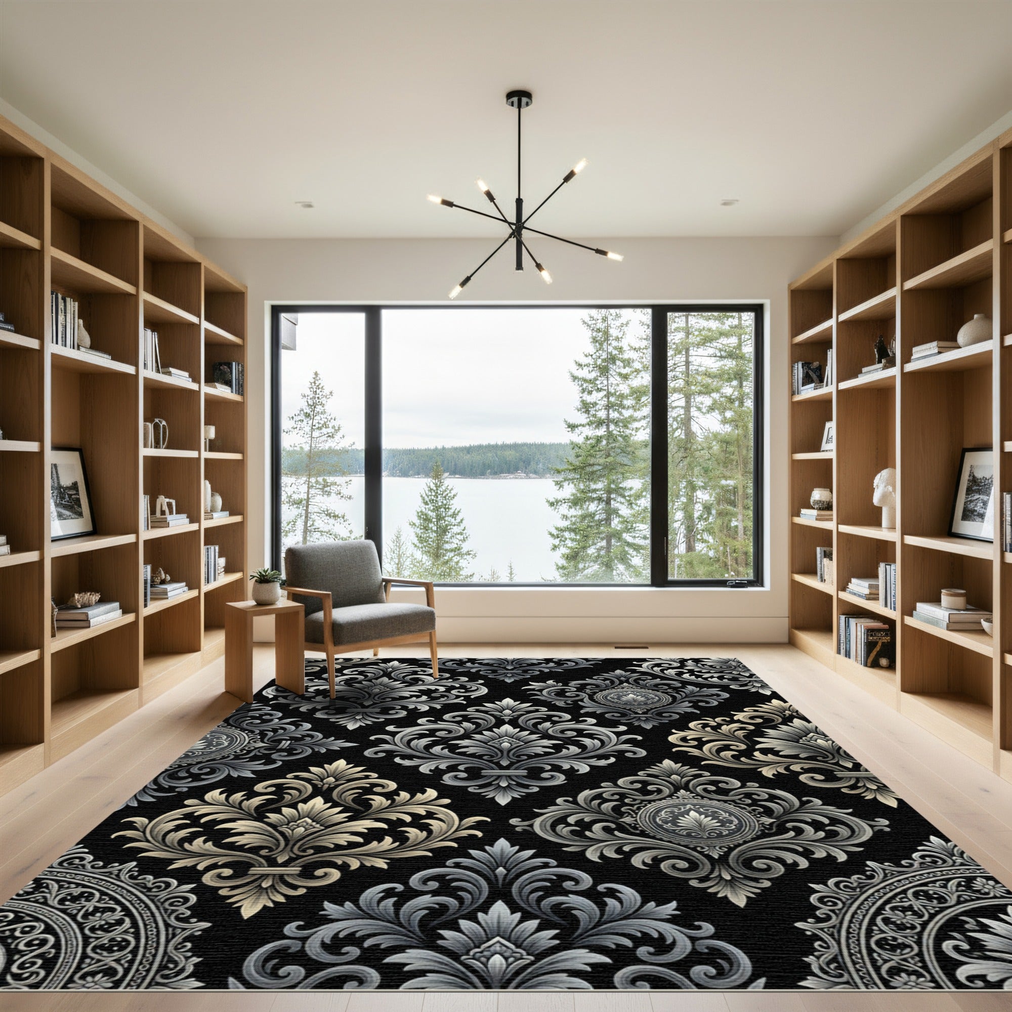 Ornate Gray Gold Accents Damask Rug
