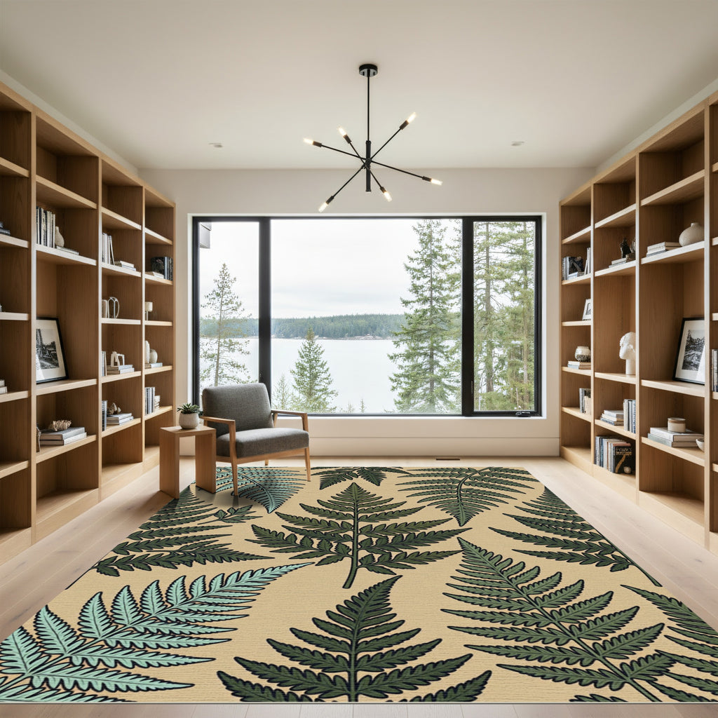 Green Fern Foliage Pattern Rustic Rug