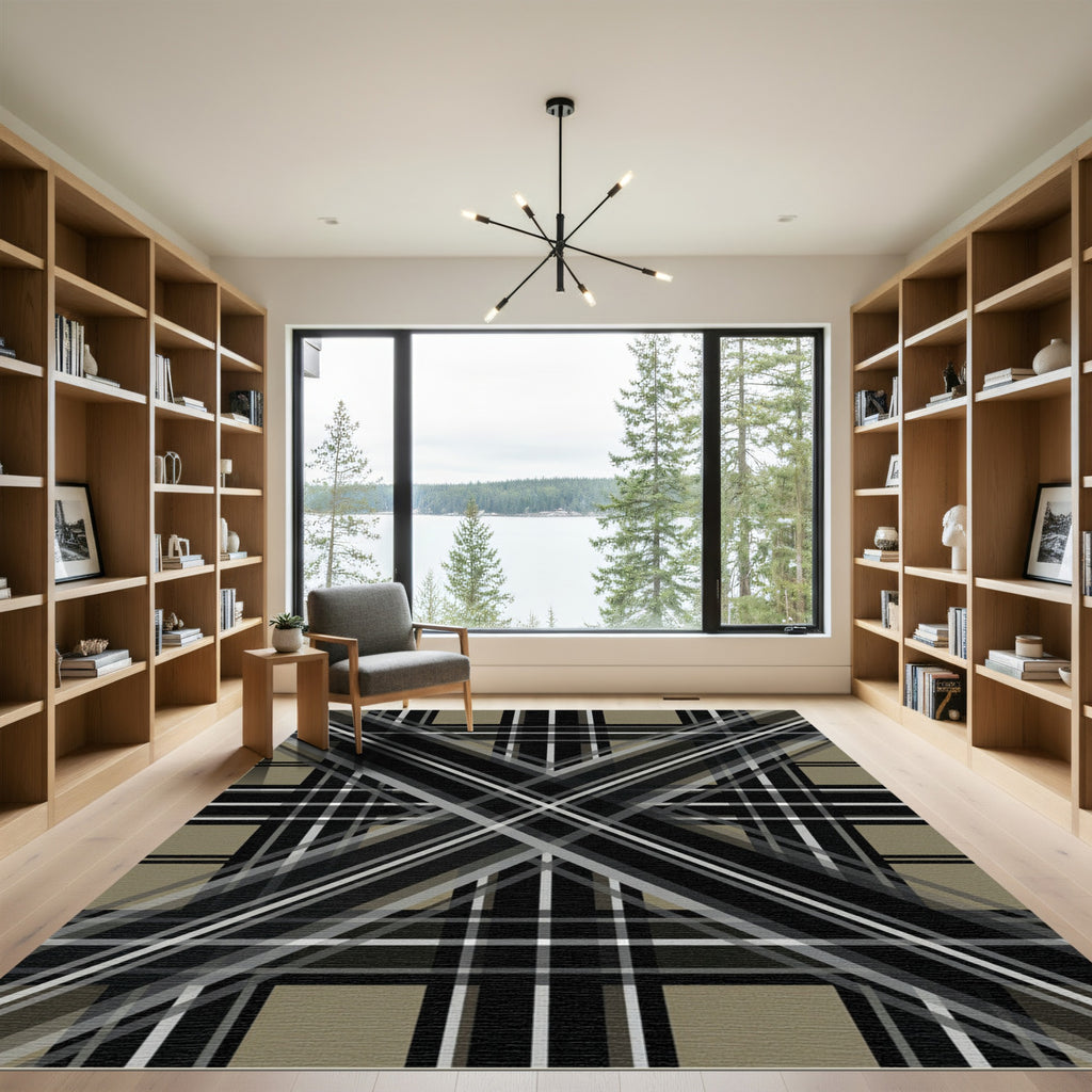 Sophisticated Gray and Black Plaid Geometric Rug