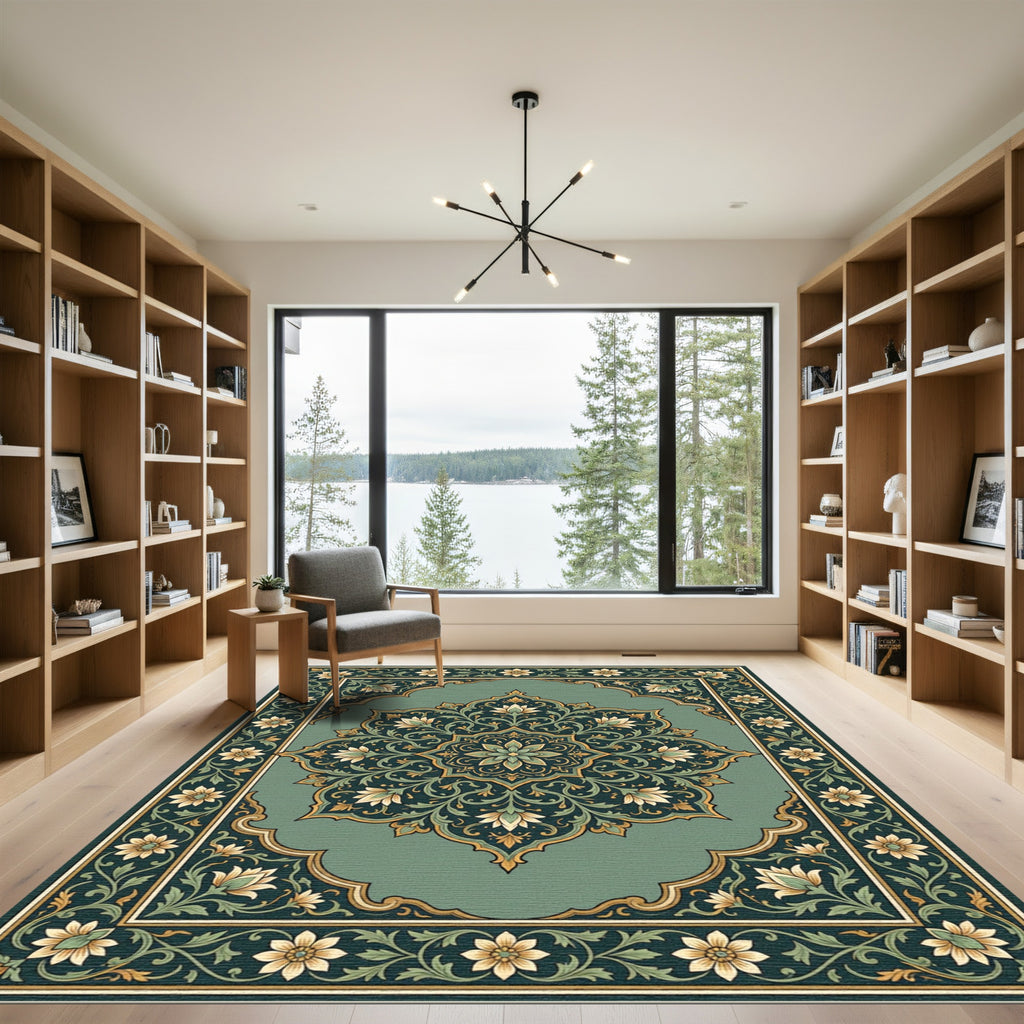 Jade Green Floral Medallion Ornament Rug