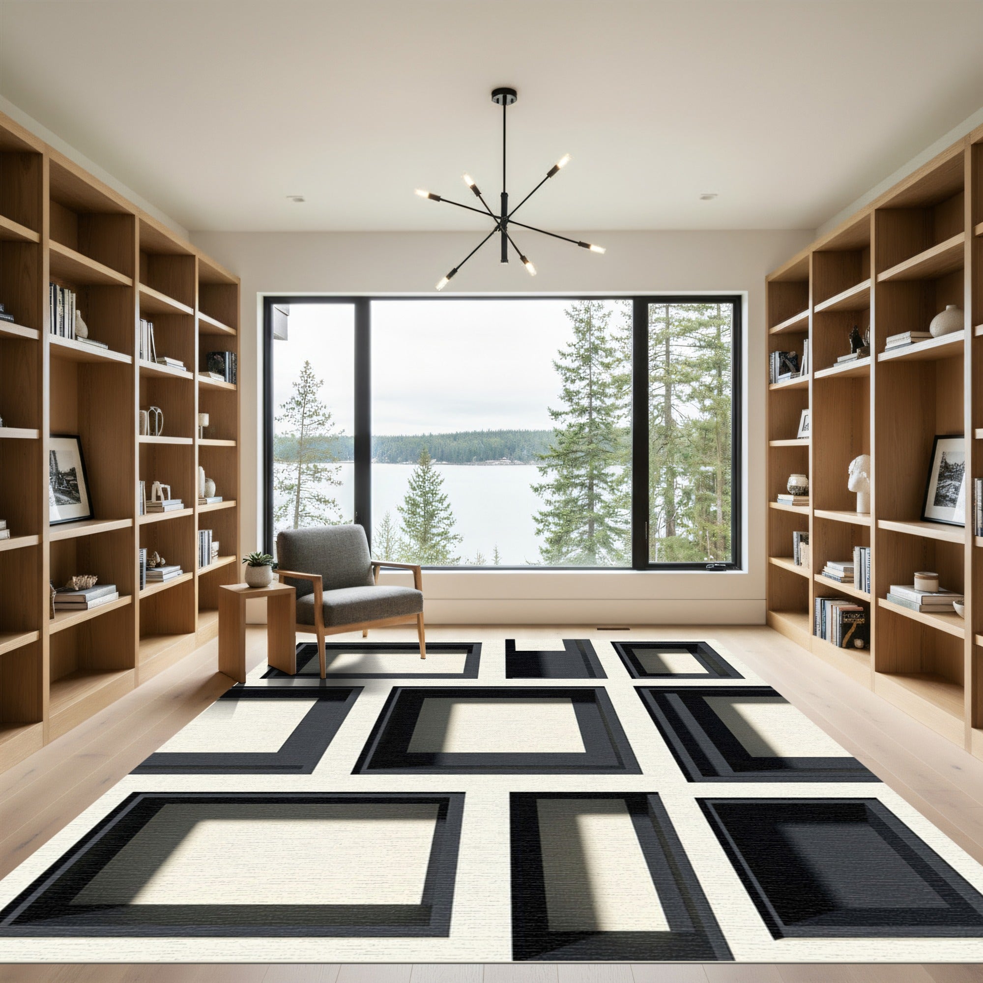 Modern Monochrome Geometric Block Square Rug