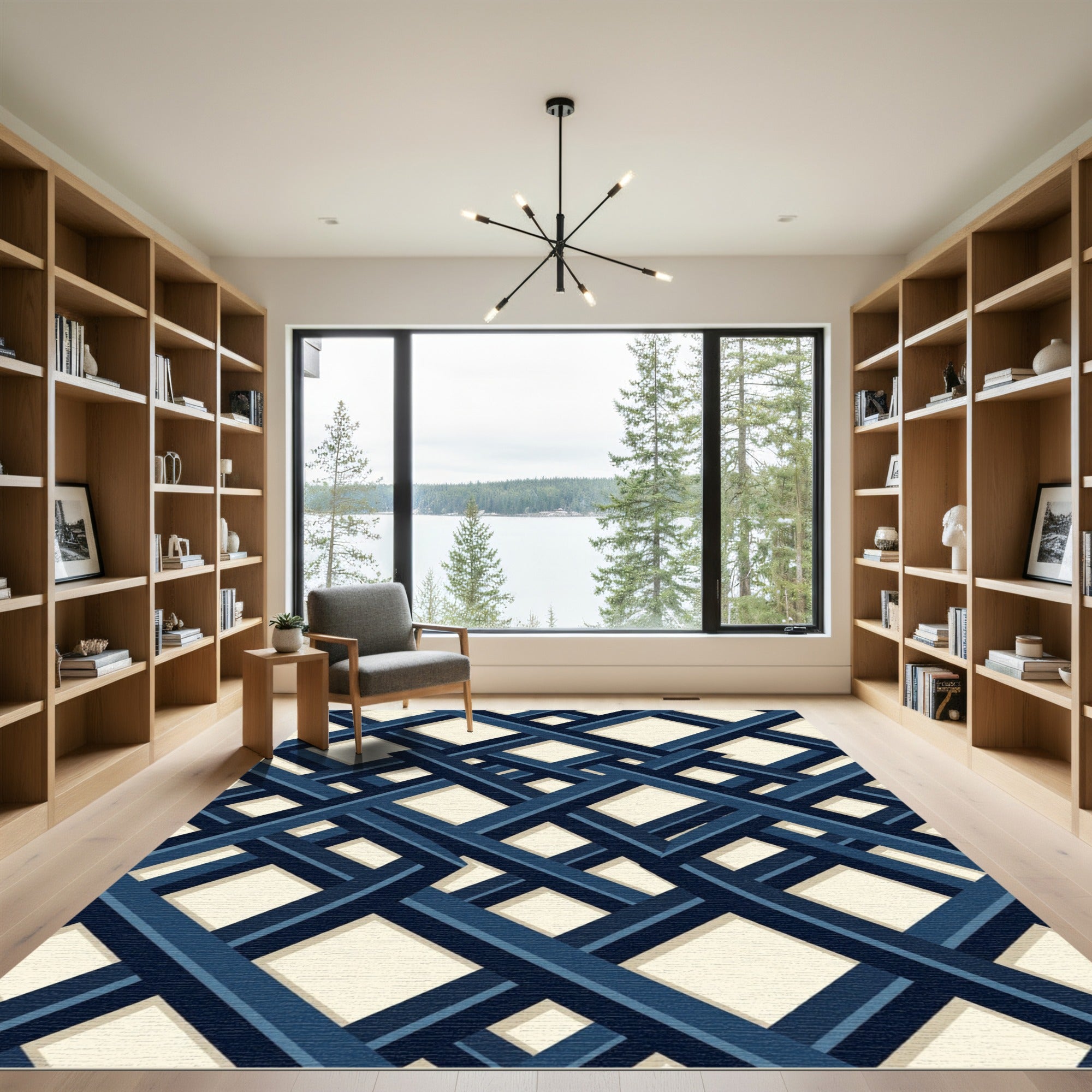 Modern Navy Geometric Interlocking Lattice Rug