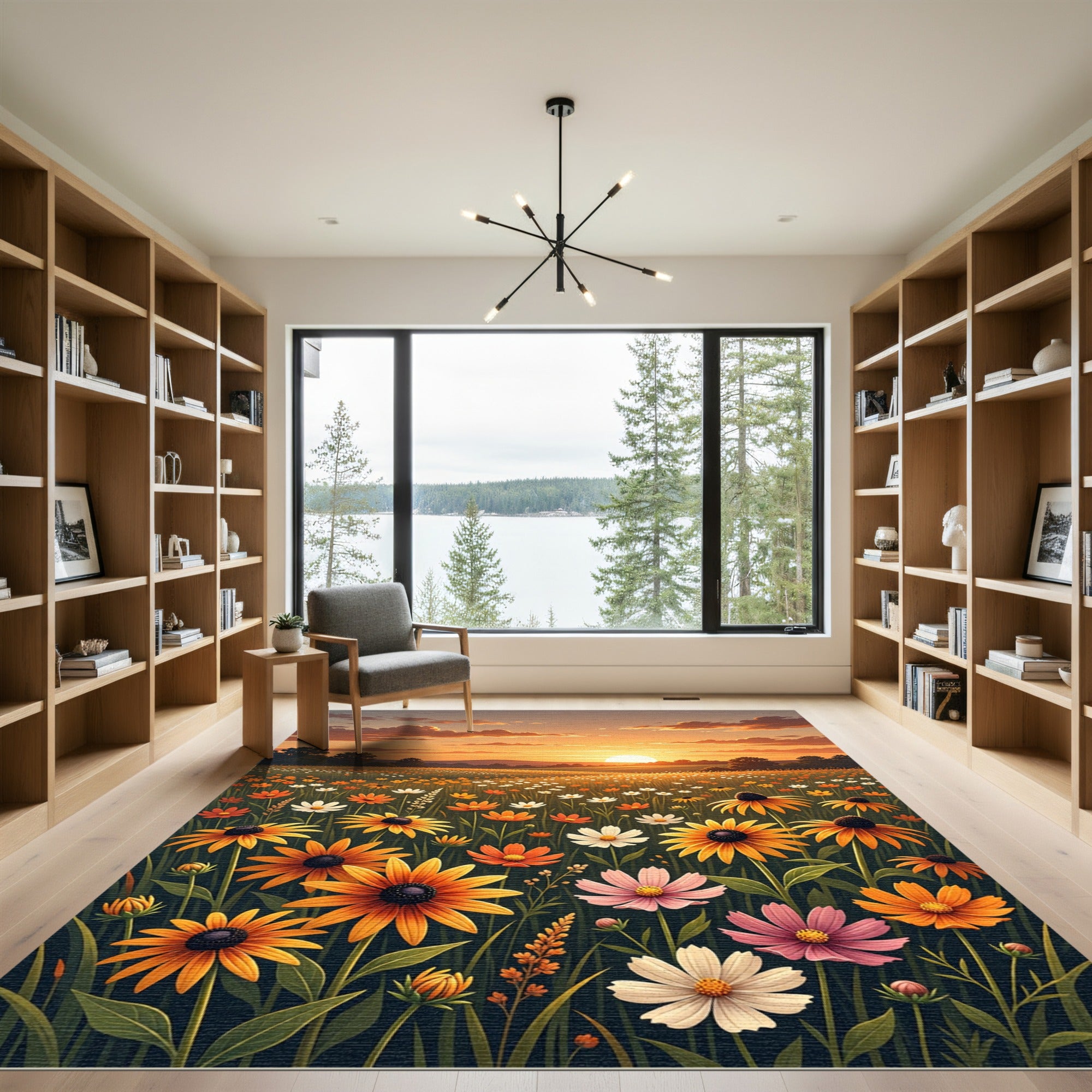 Golden Sunset Meadow Wildflower Landscape Rug