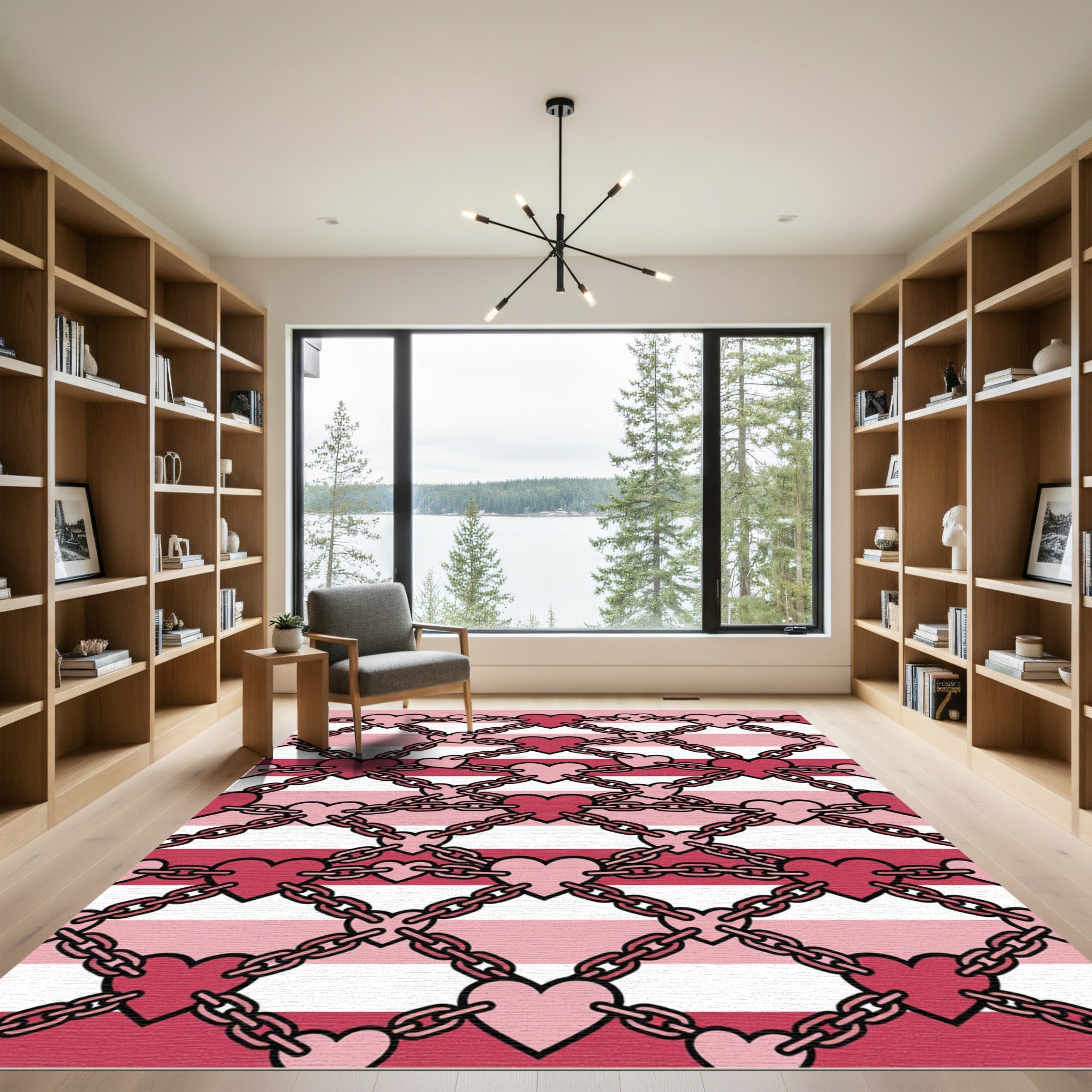 Crimson Pink Heart Chain Stripes Rug