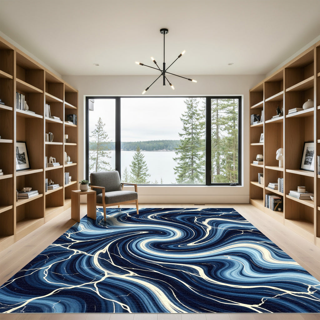 Deep Blue Swirl Marble Lightning Rug
