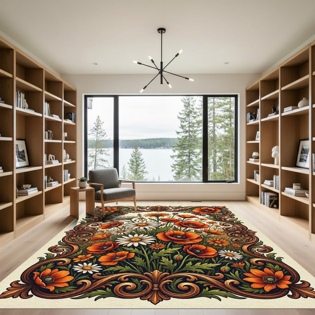Ornate Poppy and Daisy Meadow Scroll Rug