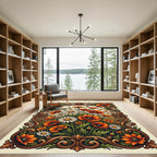 Ornate Poppy and Daisy Meadow Scroll Rug