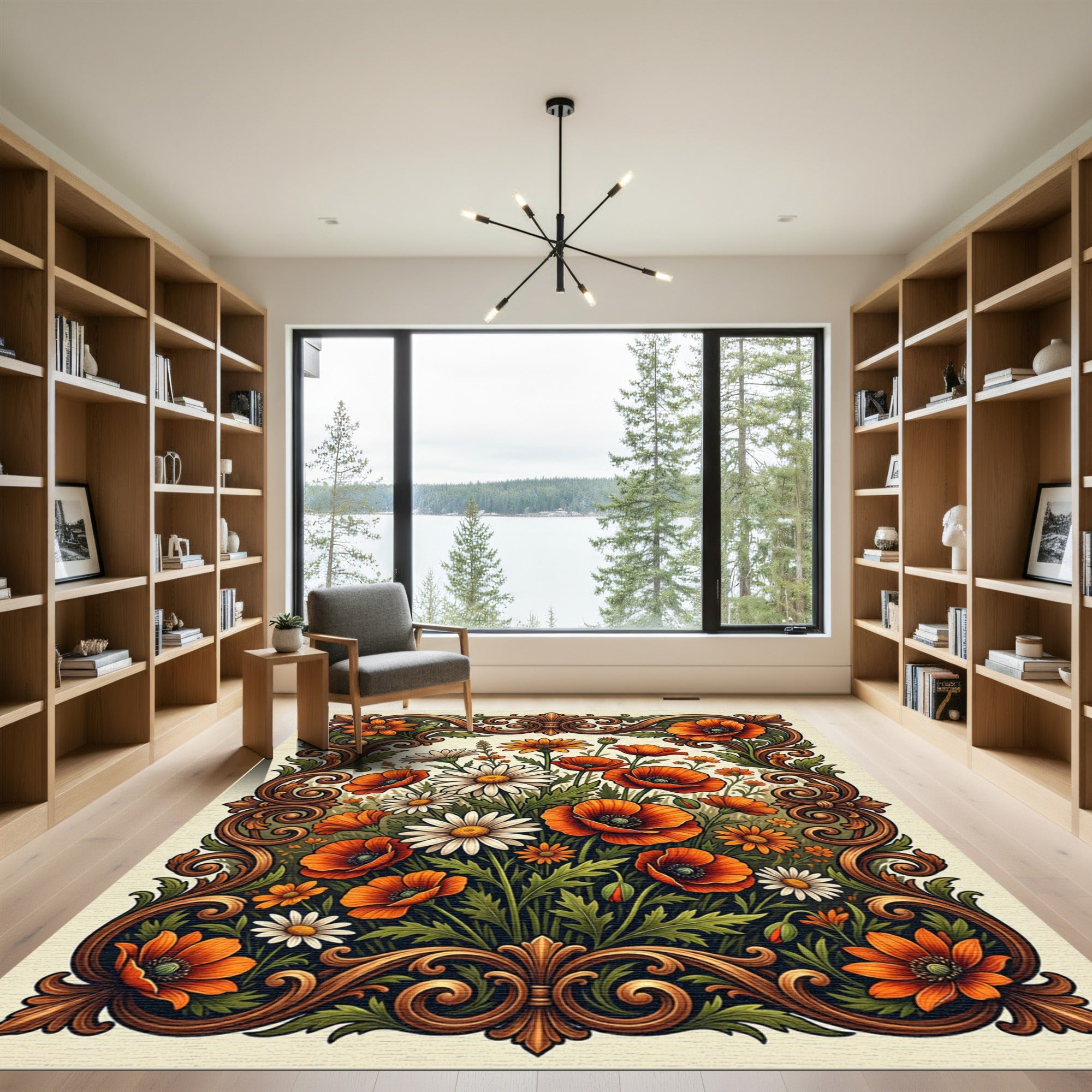 Ornate Poppy and Daisy Meadow Scroll Rug