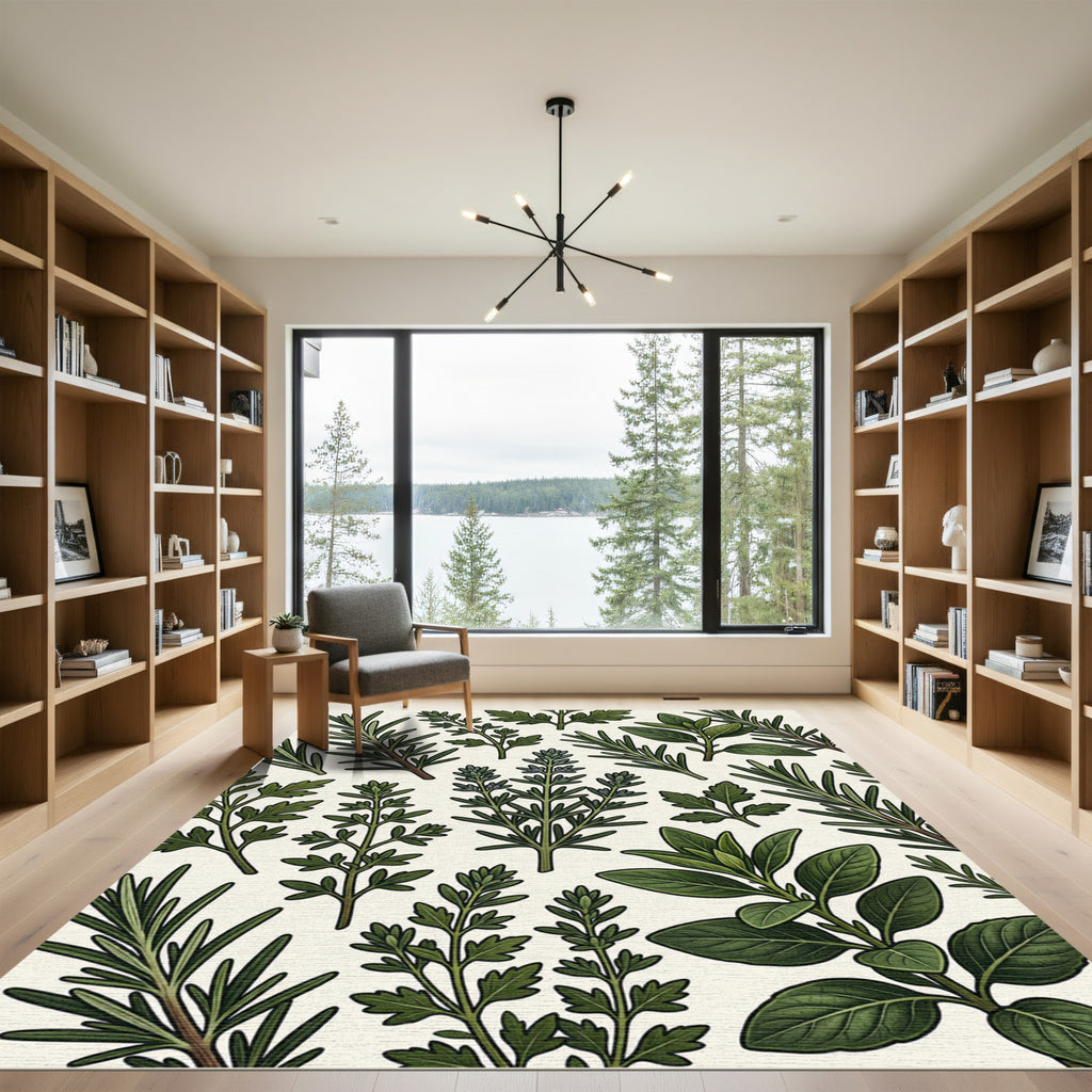 Green Herb Botanical Sprig Collage Rug