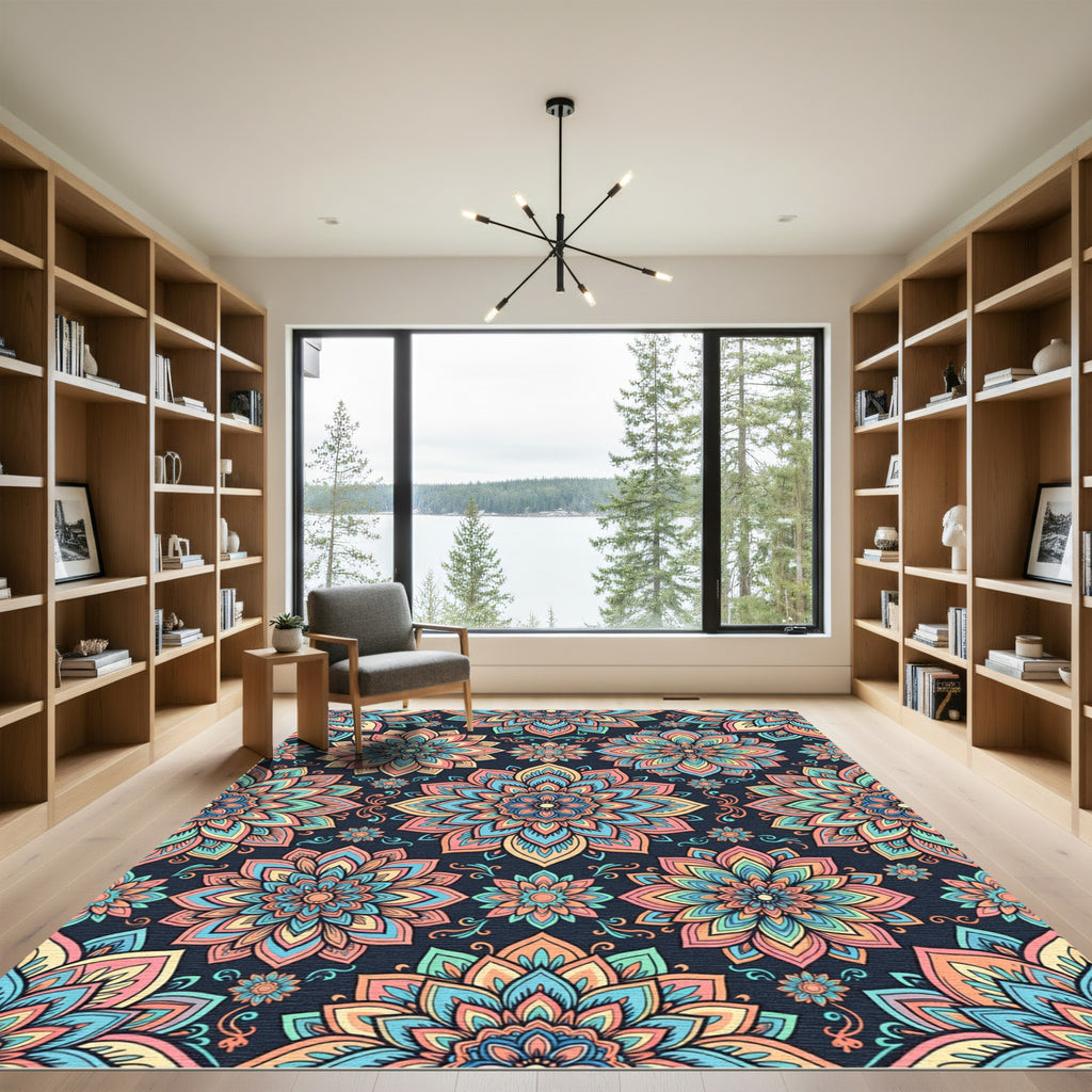 Vibrant Pastel Lotus Floral Mandala Rug