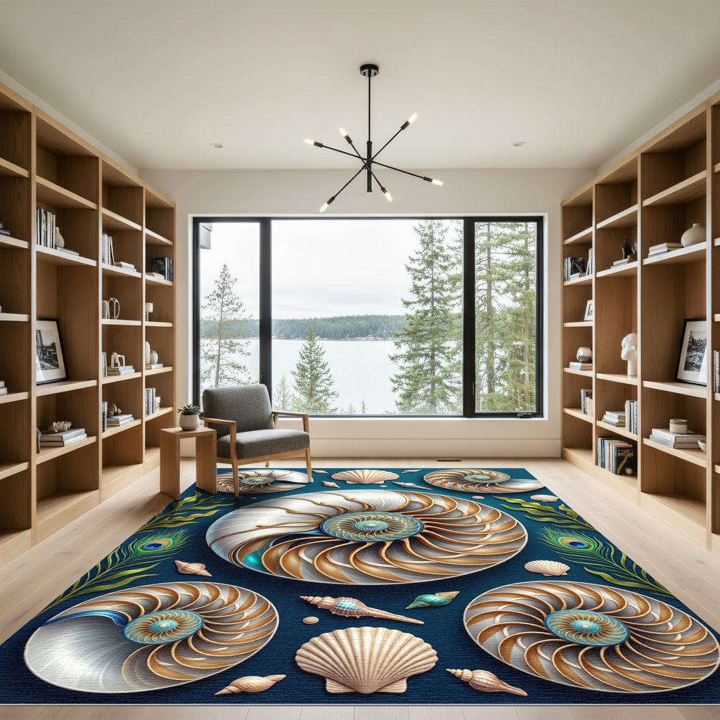 Gilded Nautilus Shell Teal Ocean Floor Rug
