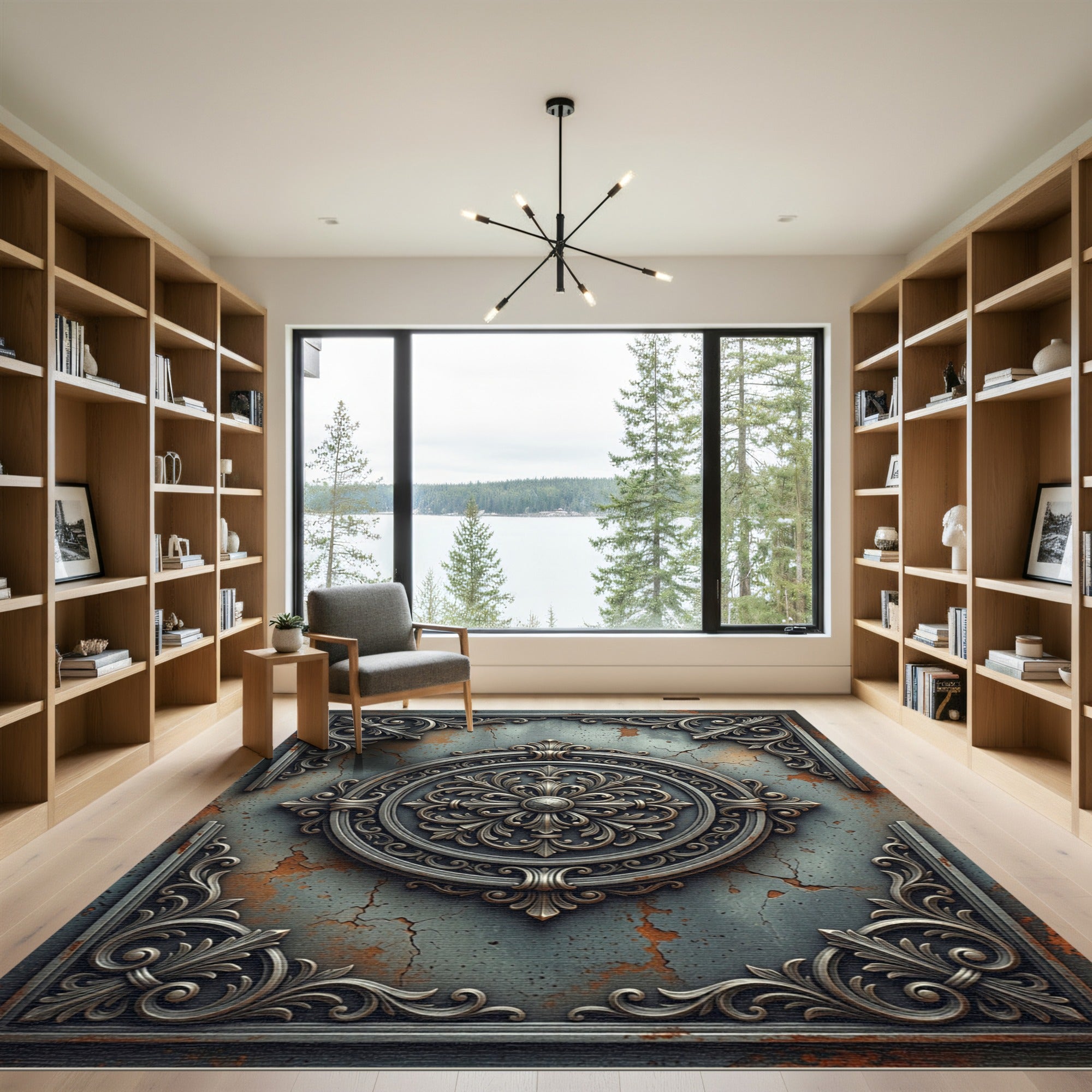 Ornate Metallic Silver Floral Medallion Rug