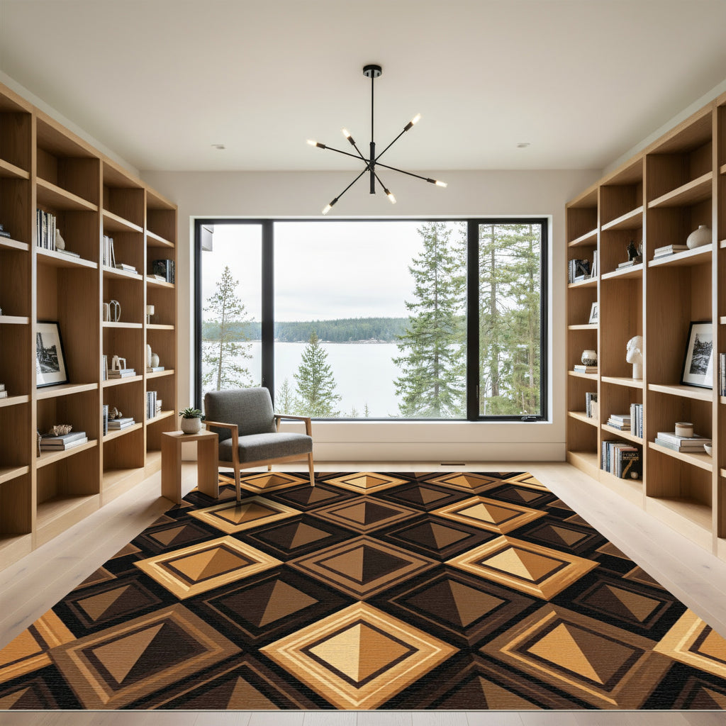 Geometric Golden Brown Layered Diamond Rug