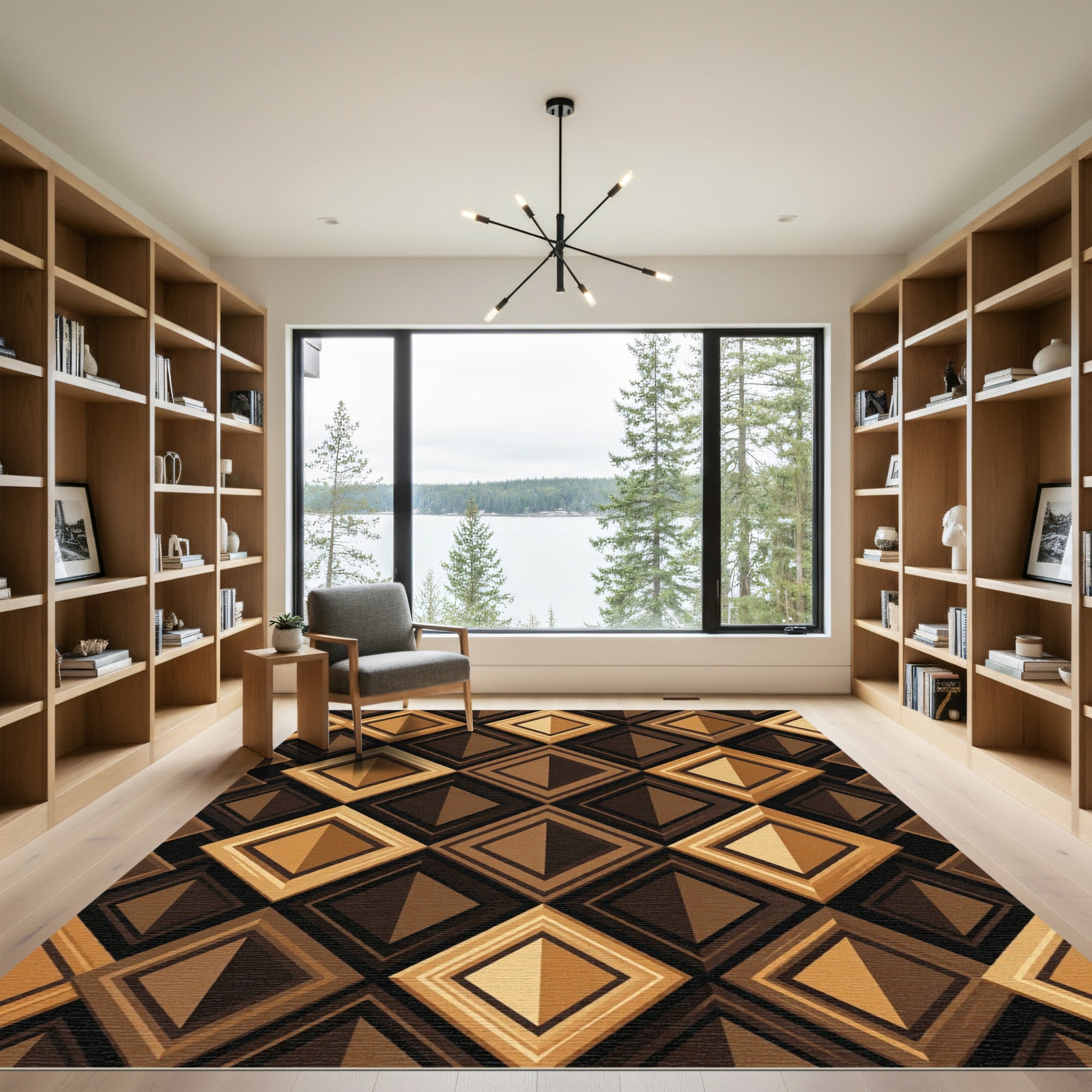 Geometric Golden Brown Layered Diamond Rug