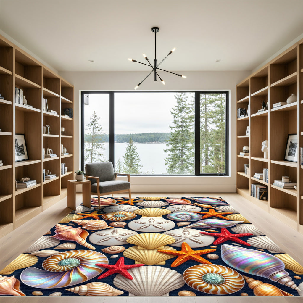 Vibrant Oceanic Seashells and Starfish Rug