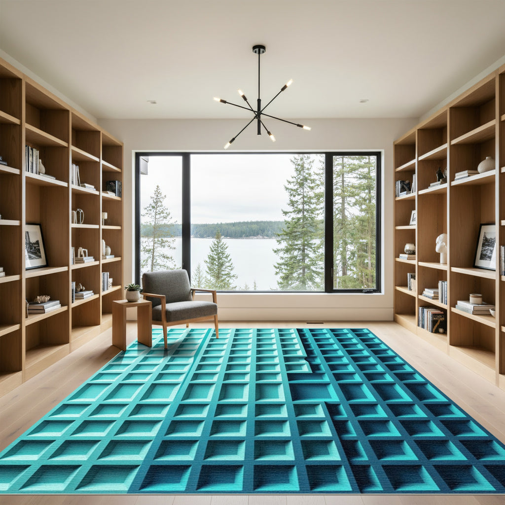 Modern Geometric Teal Grid Texture Rug