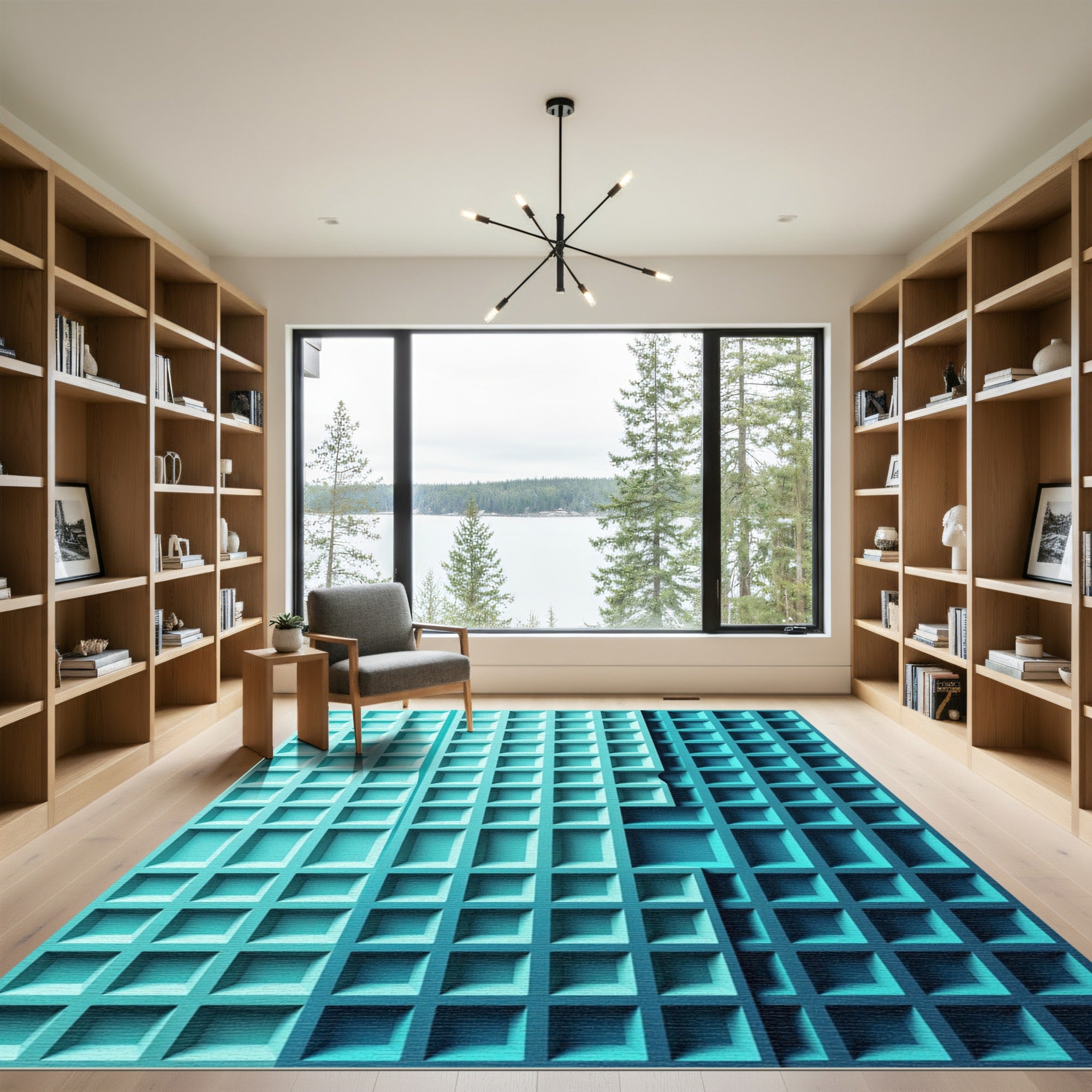 Modern Geometric Teal Grid Texture Rug