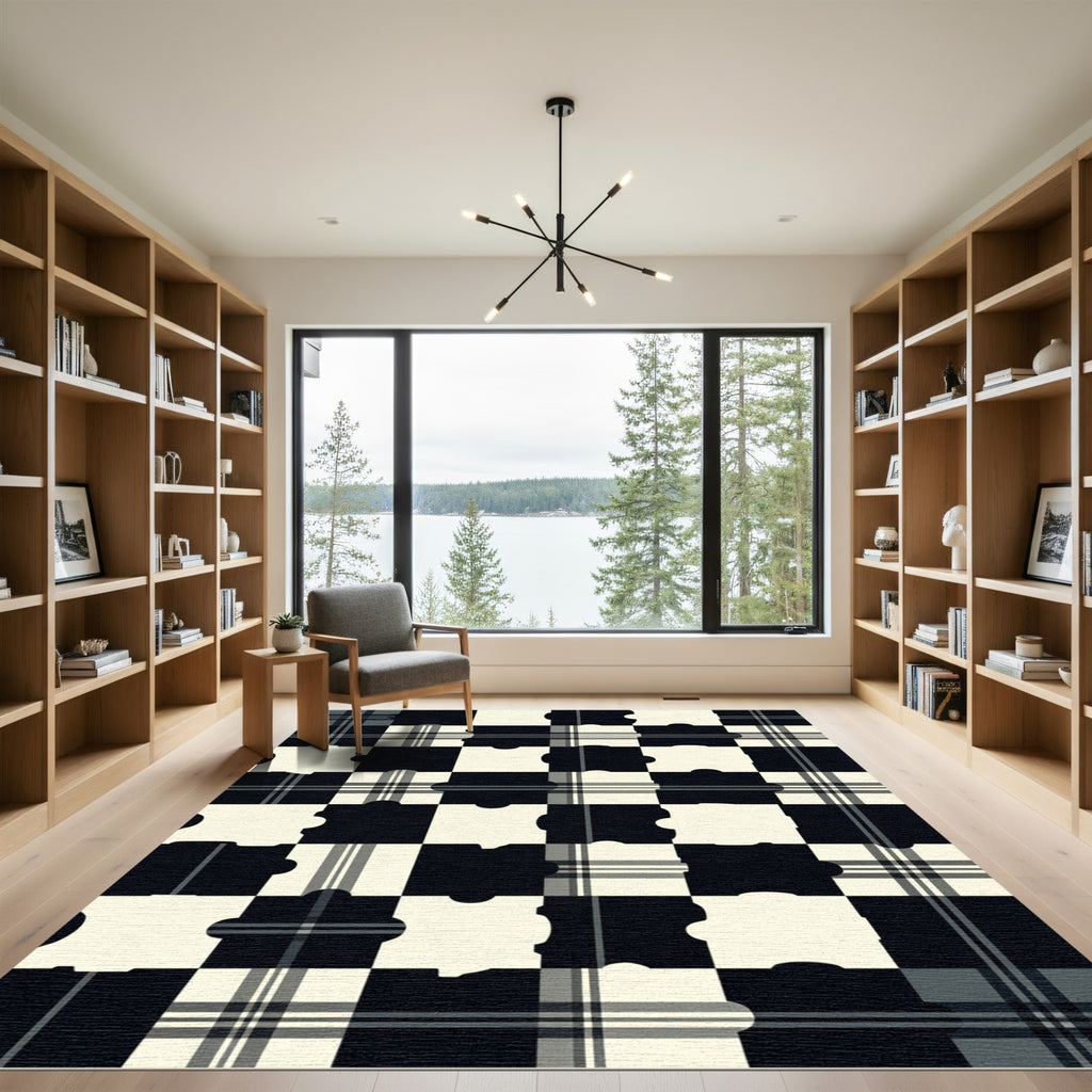 Monochrome Plaid Puzzle Squares Rug