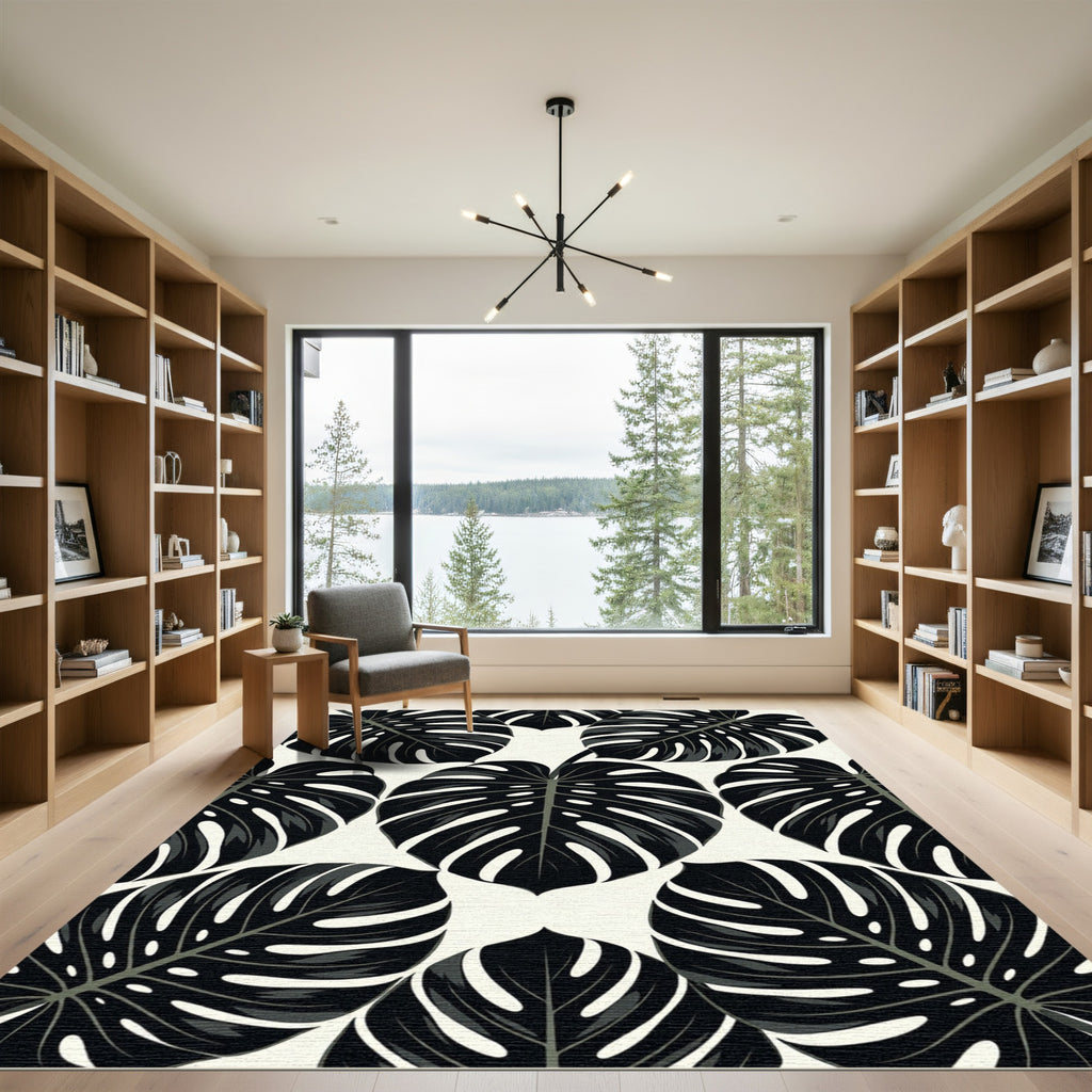 Monstera Leaf Black White Pattern Rug