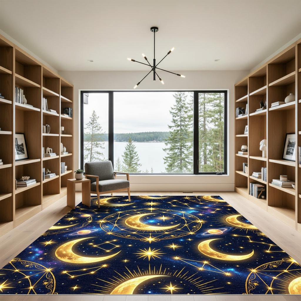 Celestial Golden Moon and Starry Night Rug