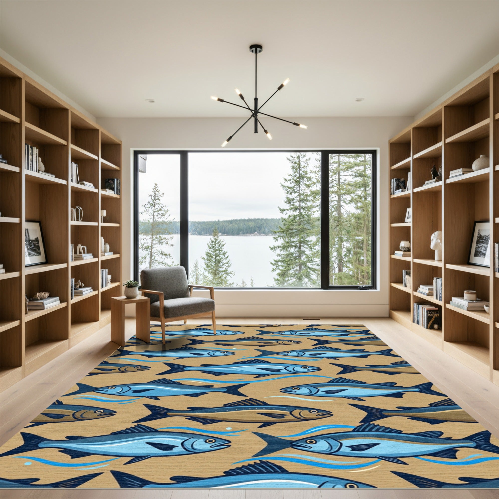 Coastal Blue Fish School Illustration Rug