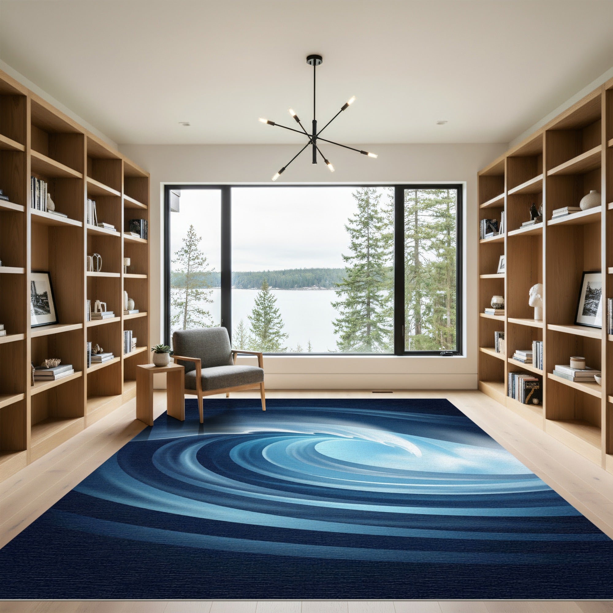 Abstract Electric Blue Curving Ocean Wave Rug