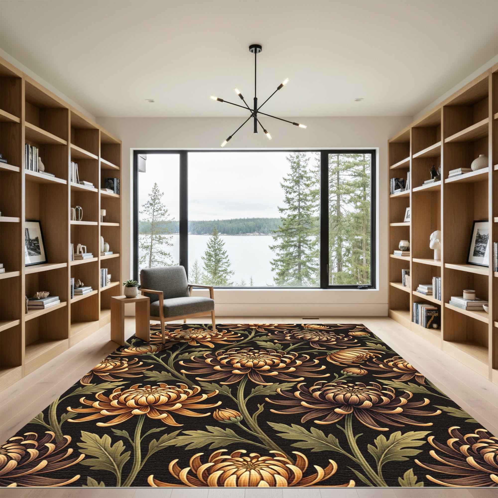 Golden Chrysanthemum Floral Black Botanical Rug