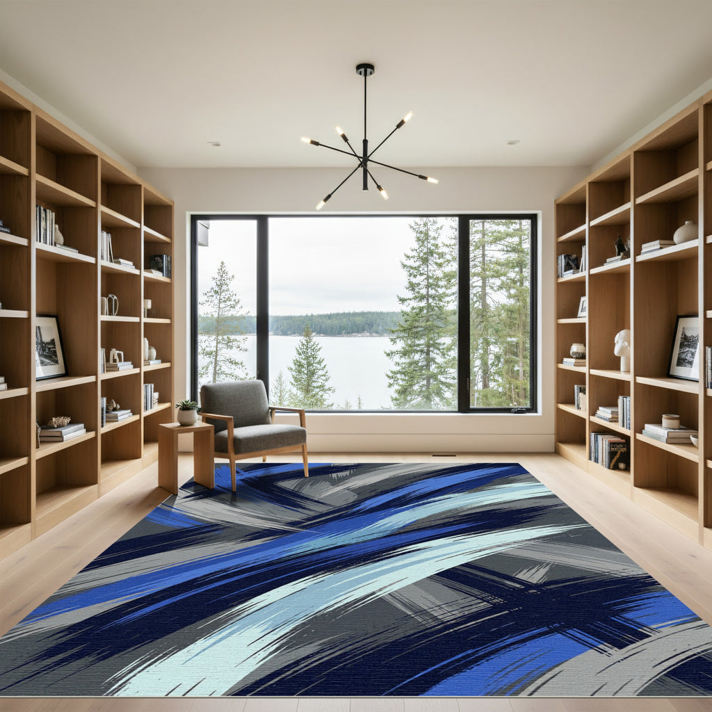 Bold Blue Grayscale Dynamic Strokes Rug