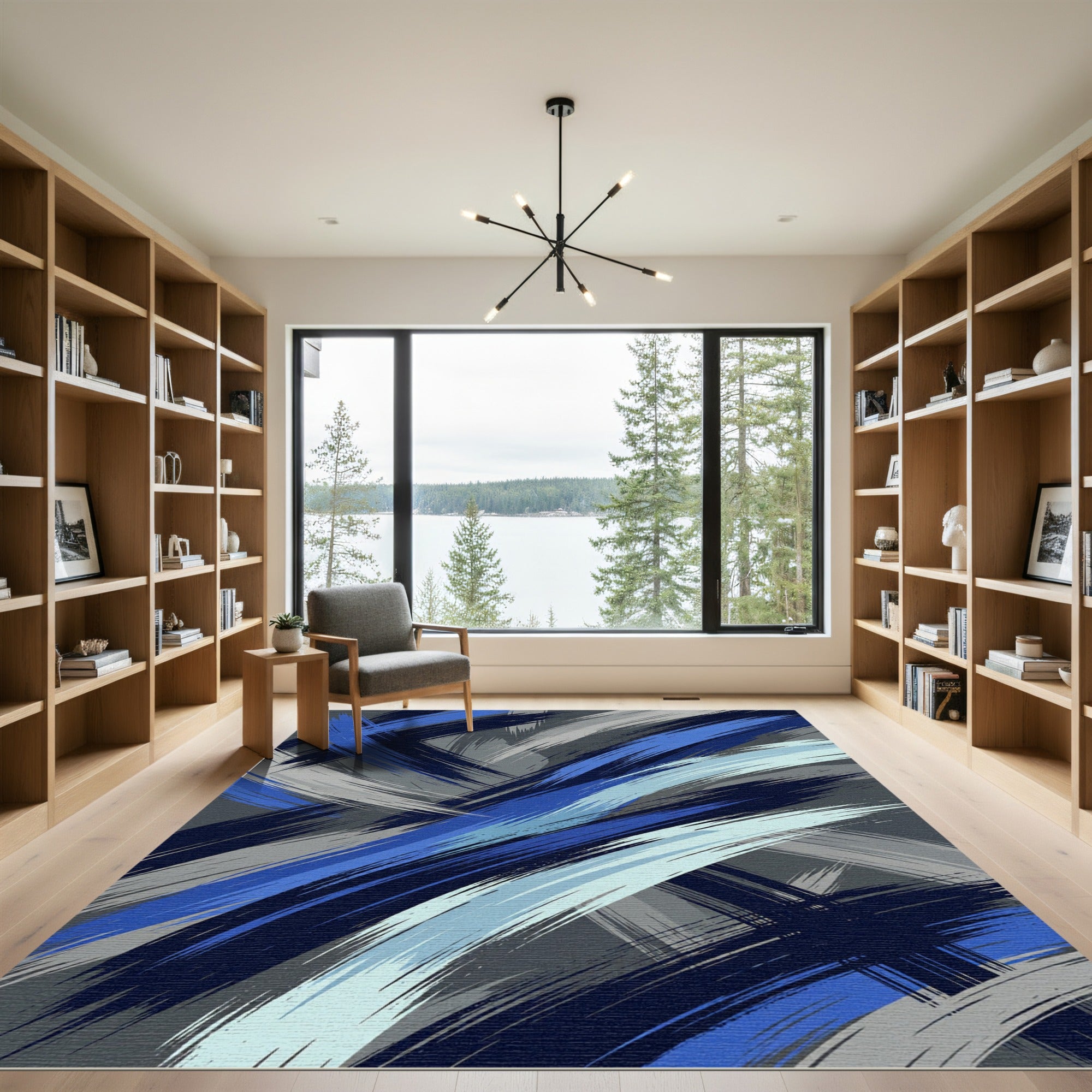 Bold Blue Grayscale Dynamic Strokes Rug