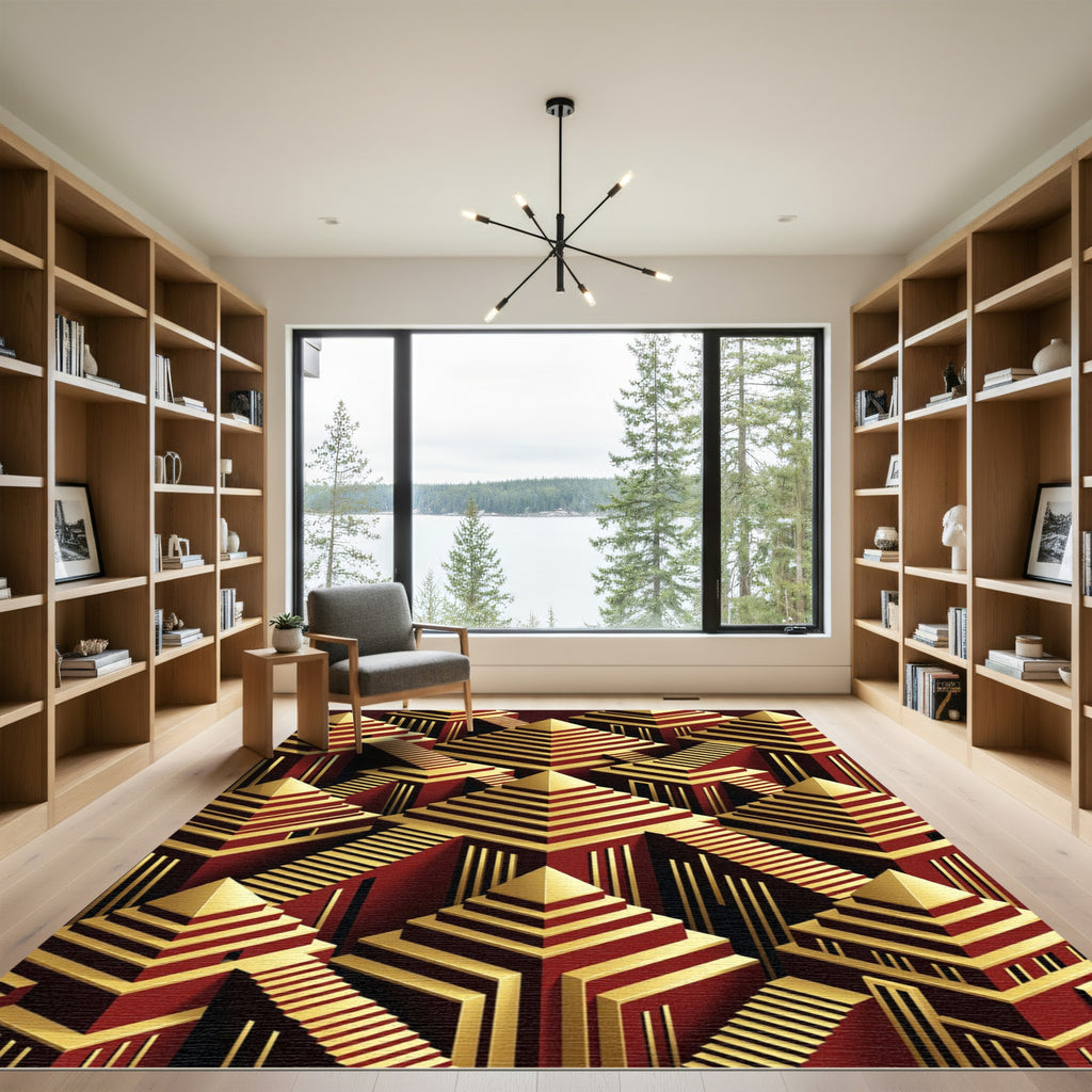 Crimson Gold Geometric Pyramid Steps Rug