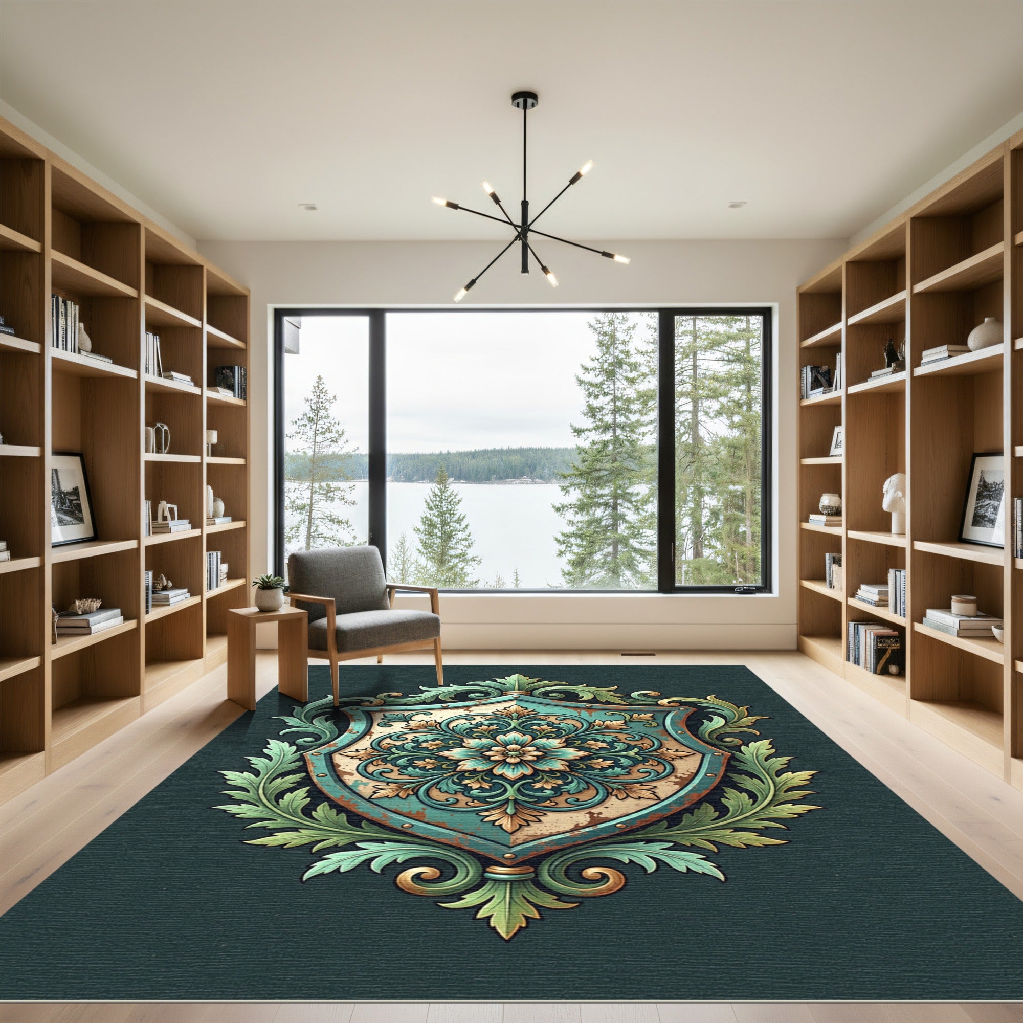 Antique Teal Floral Crest Rug