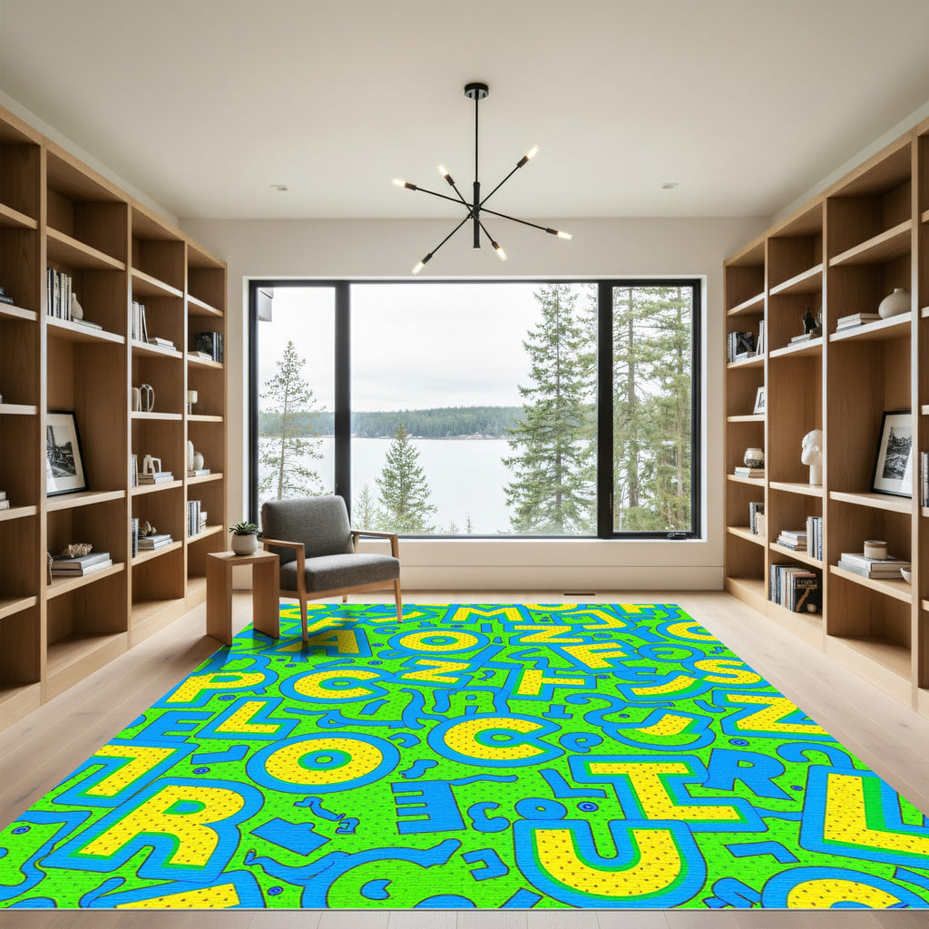 Groovy Yellow Blue Alphabet Scatter Rug
