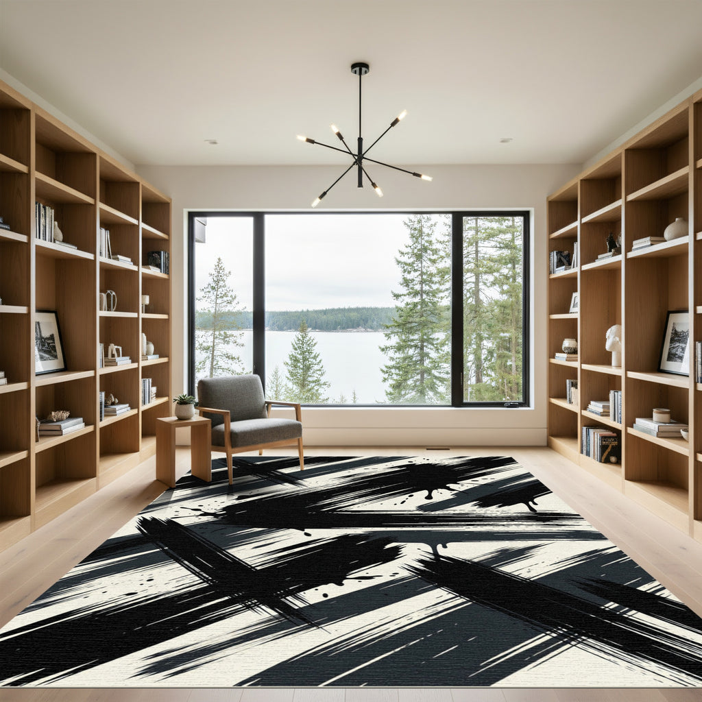 Contemporary Monochrome Artistic Black Brushstroke Rug