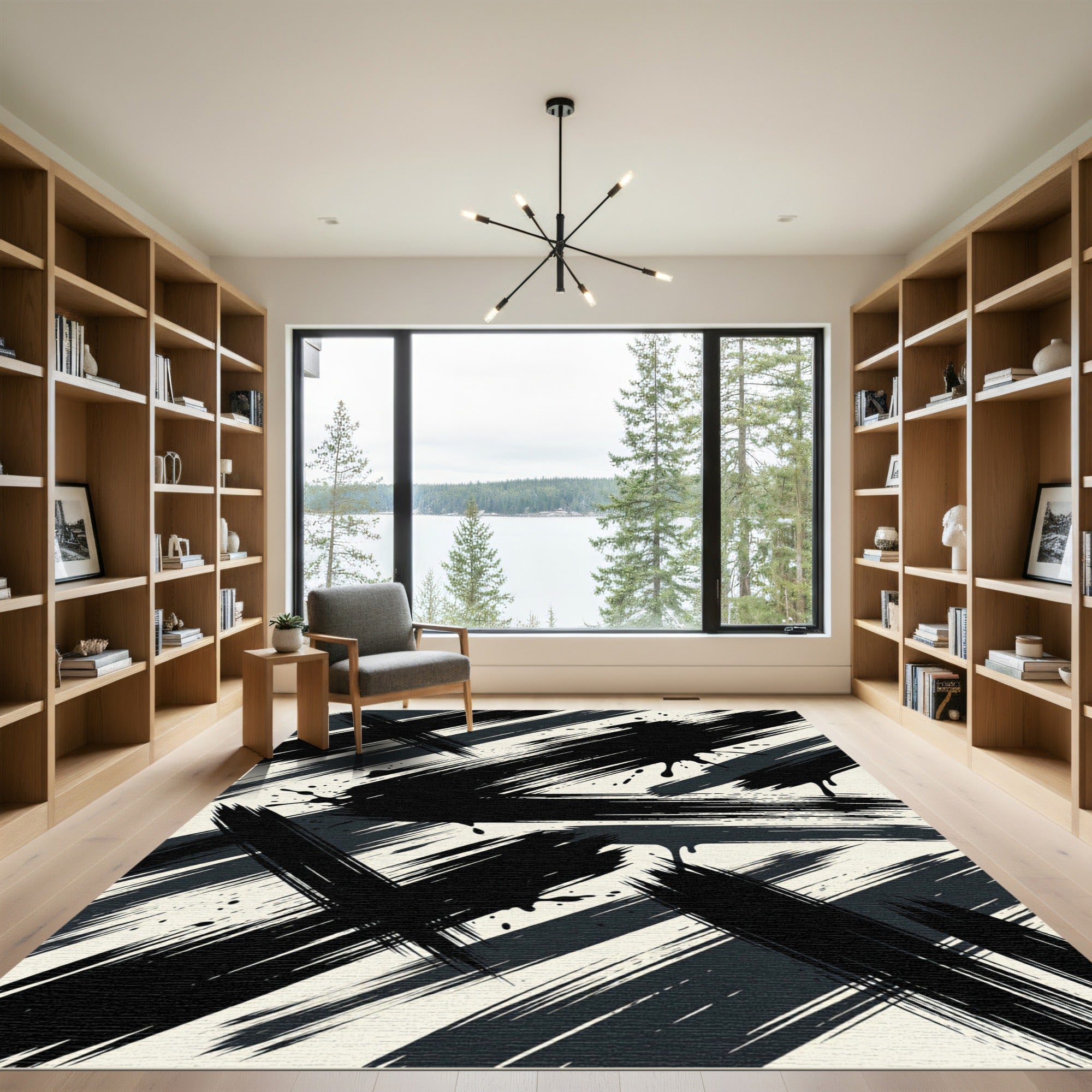 Contemporary Monochrome Artistic Black Brushstroke Rug