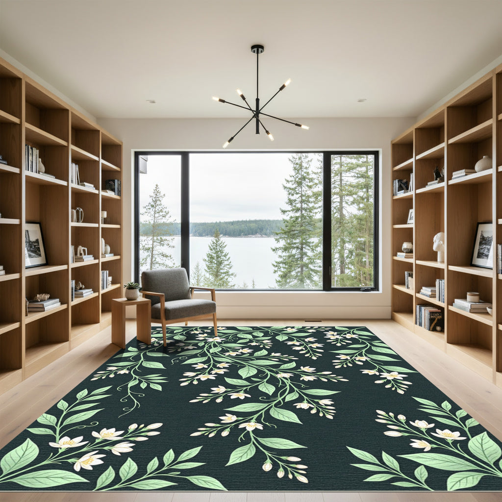 Elegant White Jasmine Floral Dark Foliage Rug