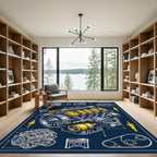 Mechanical Engine Blueprint Navy Yellow Art Rug