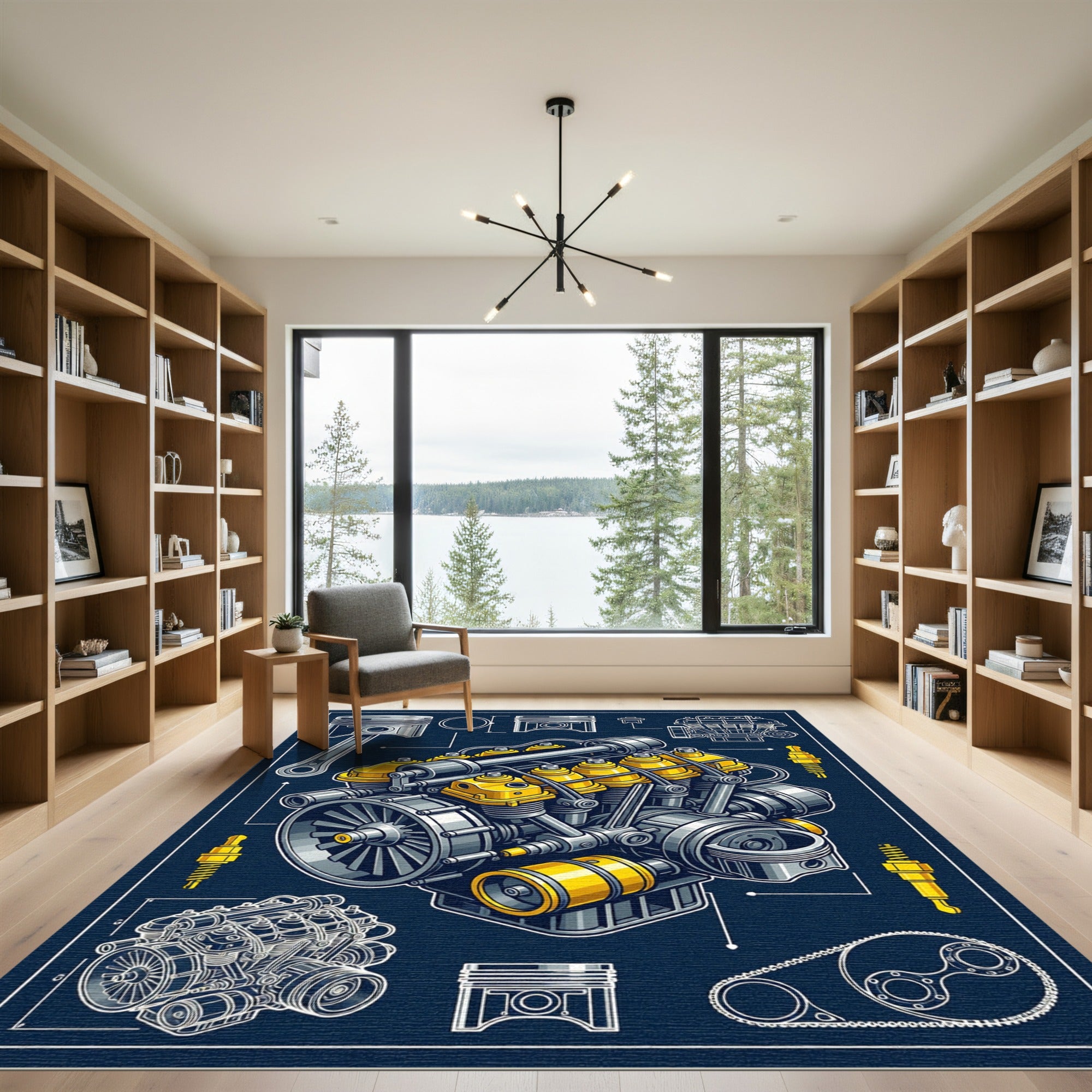Mechanical Engine Blueprint Navy Yellow Art Rug