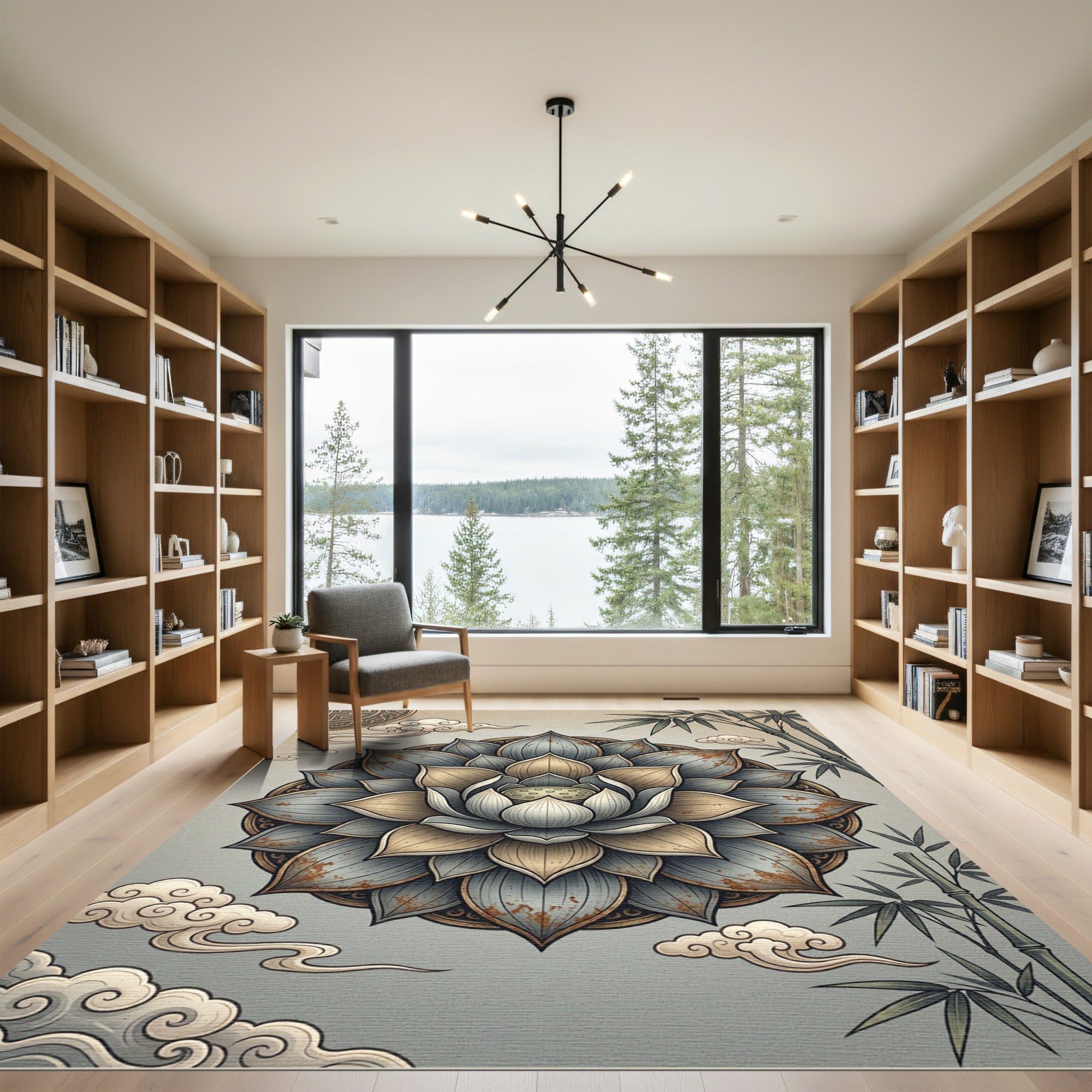 Zen Lotus Bamboo Medallion Gray Gold Rug