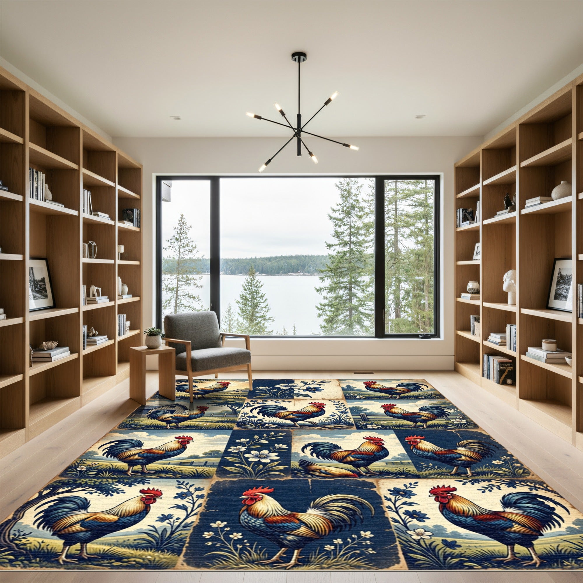 Rustic Farmhouse Rooster and Floral Grid Rug